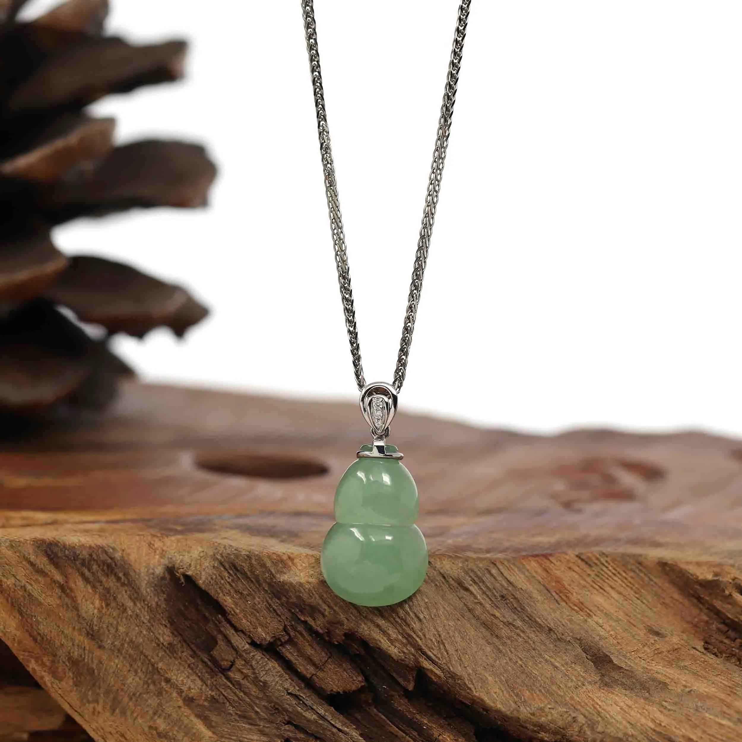 Natural Green Jadeite Jade "Magic Bottle Gourd" Hulu Necklace With 14k White Gold Diamond Bail