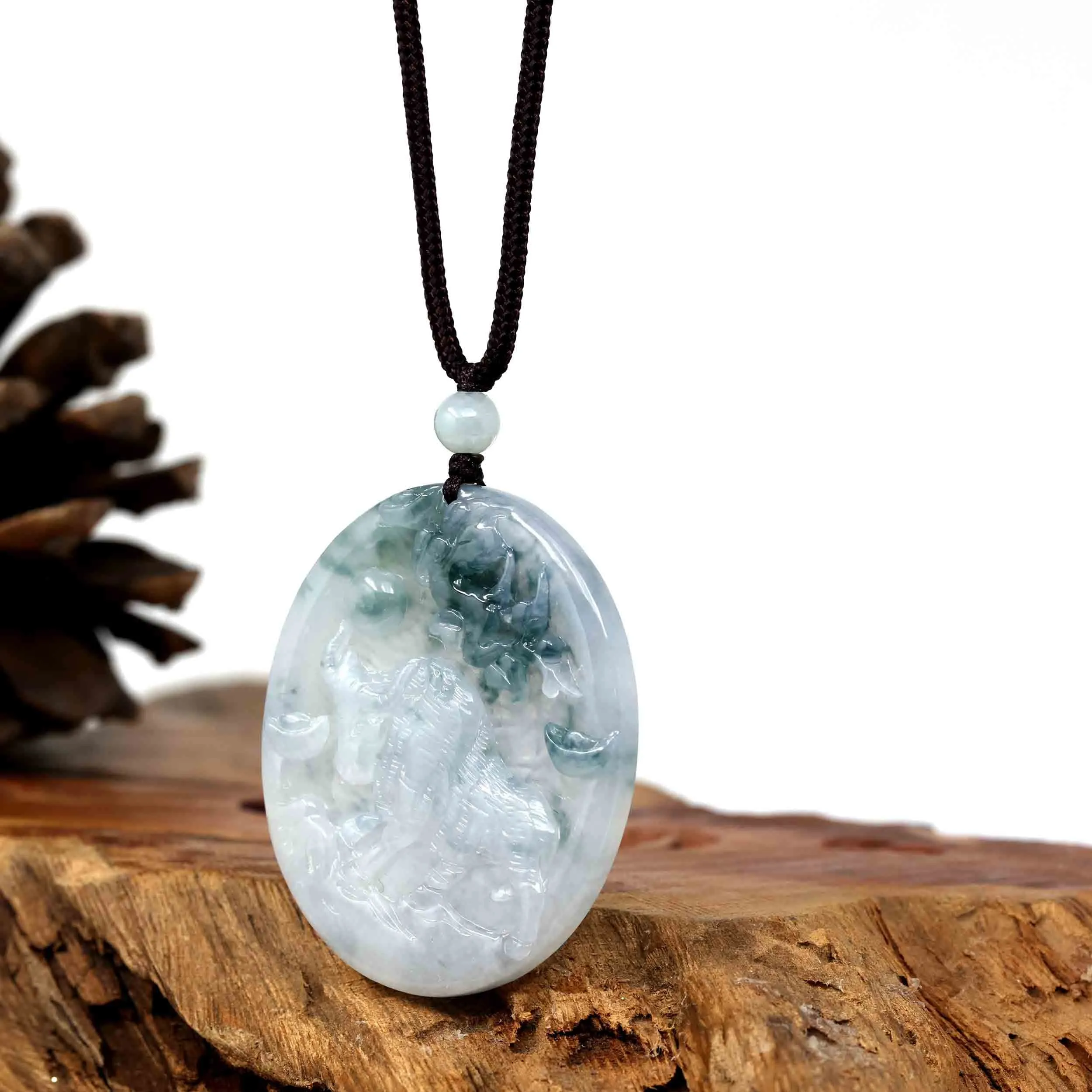 Natural Ice Blue-green Jadeite Jade " Bull " Zodiac Pendant Necklace For Men