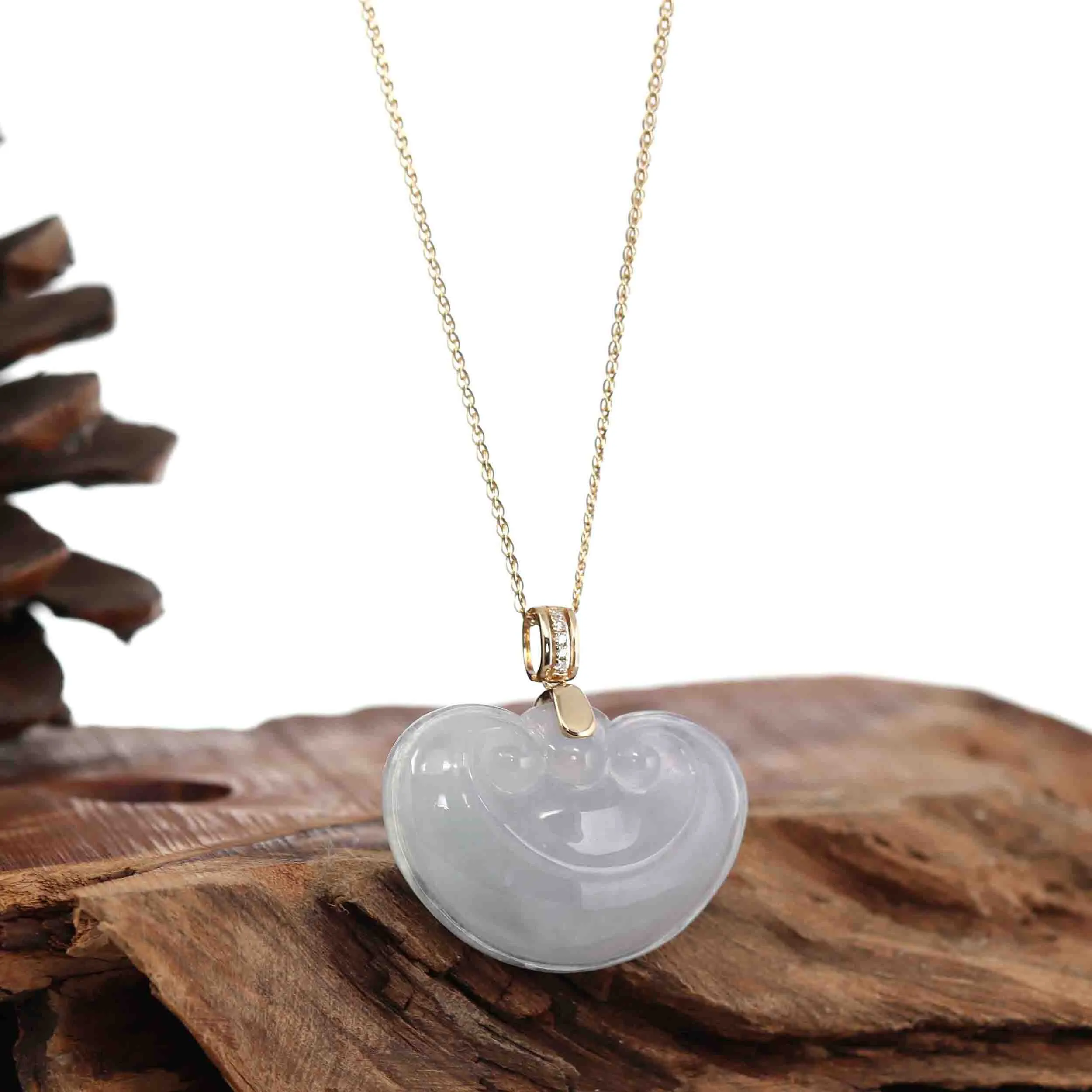 Natural Ice White Jadeite Jade Ru Yi Necklace With 14k Yellow Gold VS1 Diamond Bail