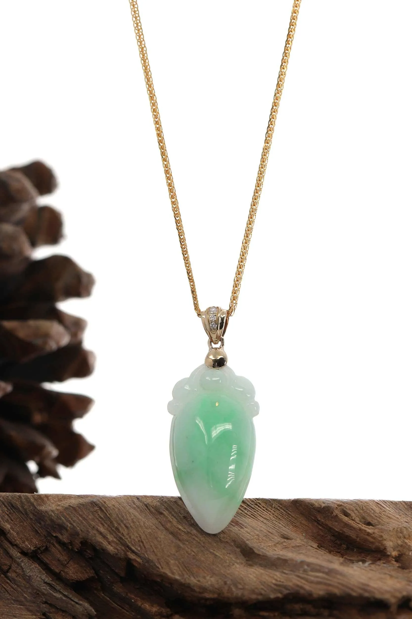 Natural Jadeite "Longevity Peach" ShouTao Necklace With 14k Yellow Gold Diamond Bail