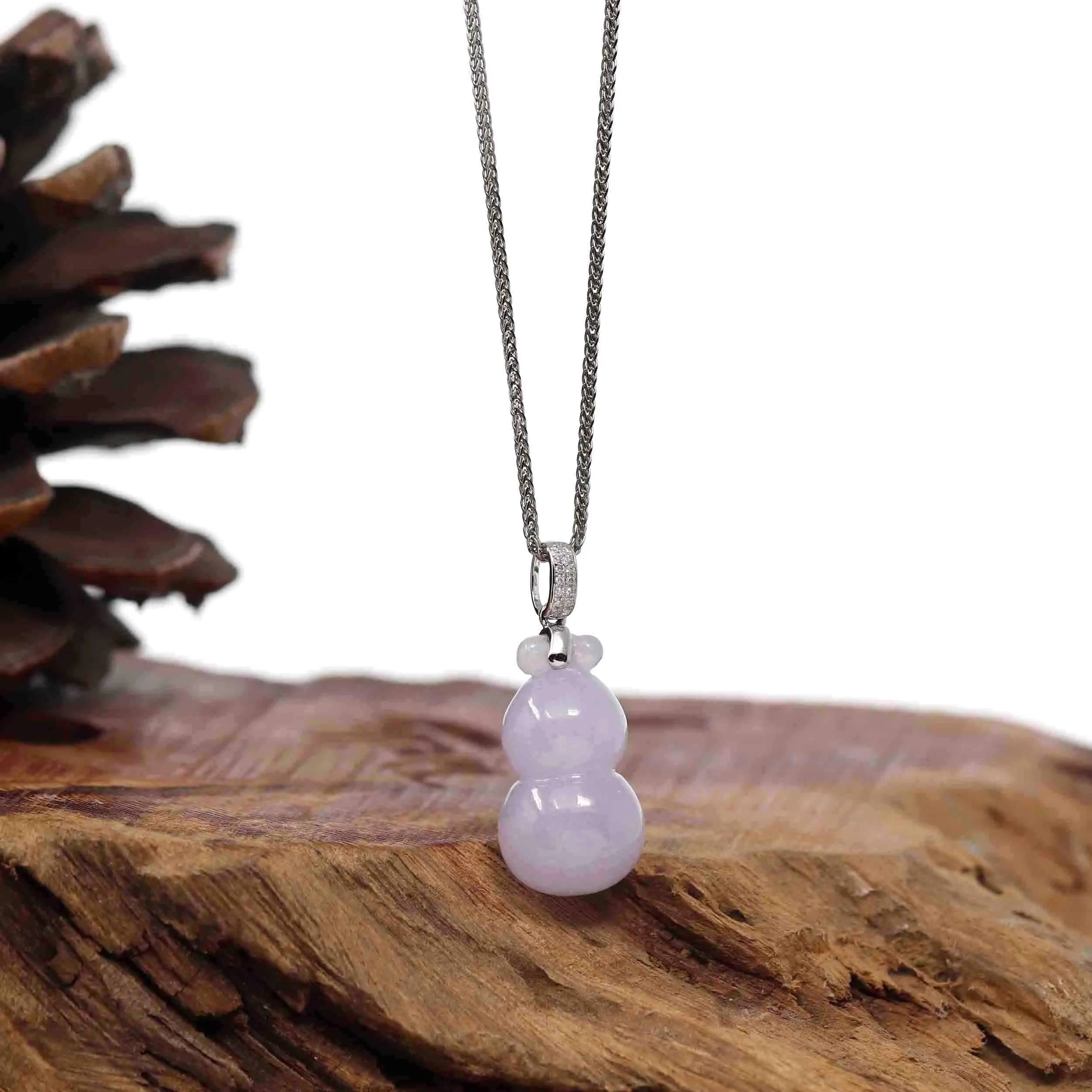 Natural Lavender Jadeite Jade "Magic Bottle Gourd" Hulu Necklace With 14k White Gold Diamond Bail