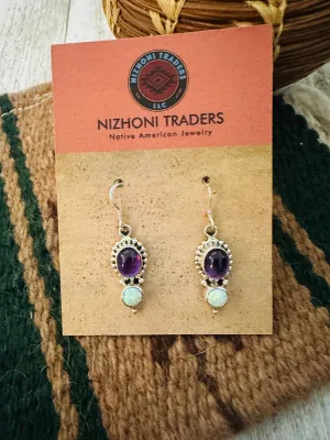 Navajo Amethyst, Opal & Sterling Silver Dangle Earrings