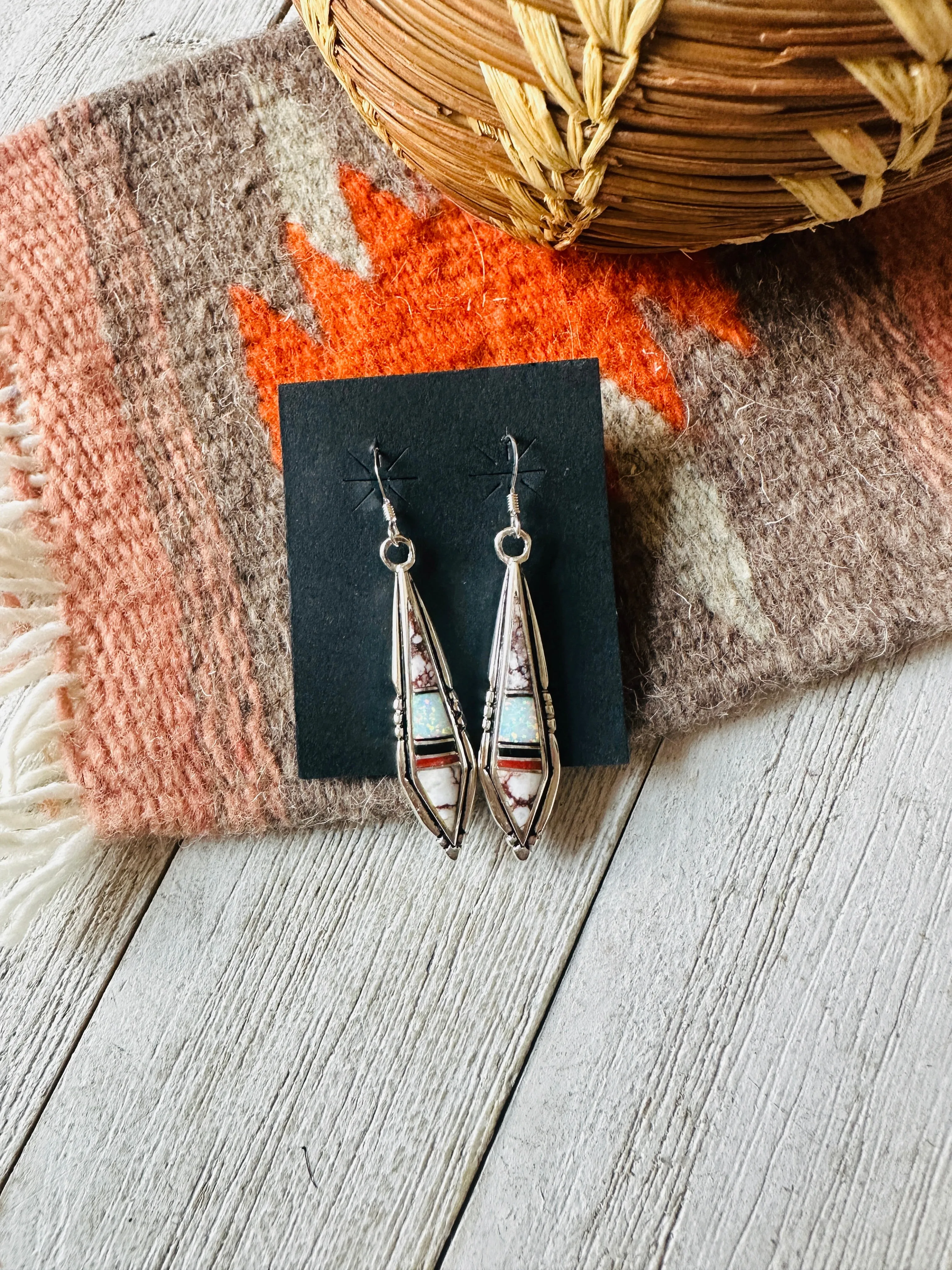 Navajo Sterling Silver & Multi Stone Inlay Dangle Earrings