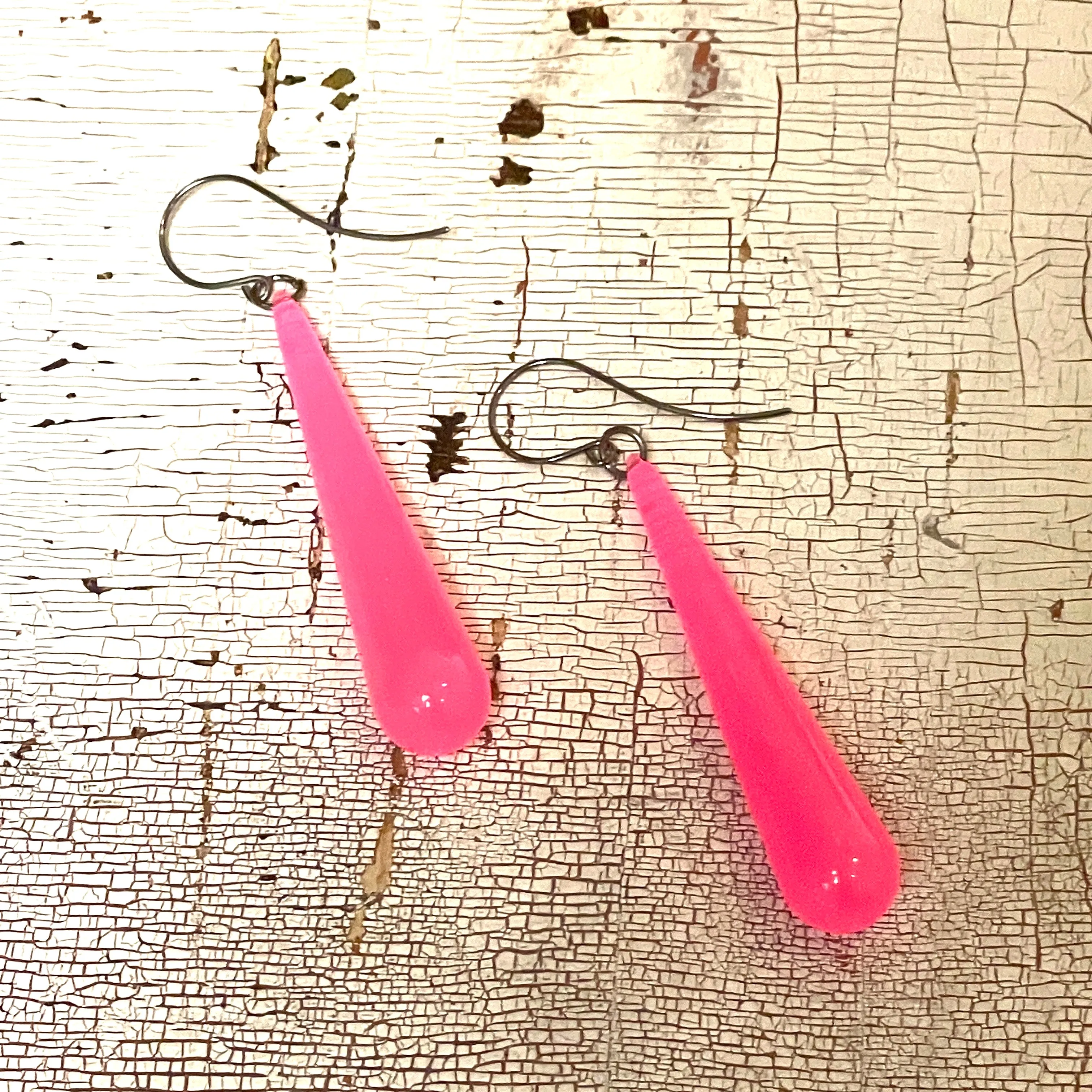 Neon Pink Opal Long Teardrop lucite statement earrings