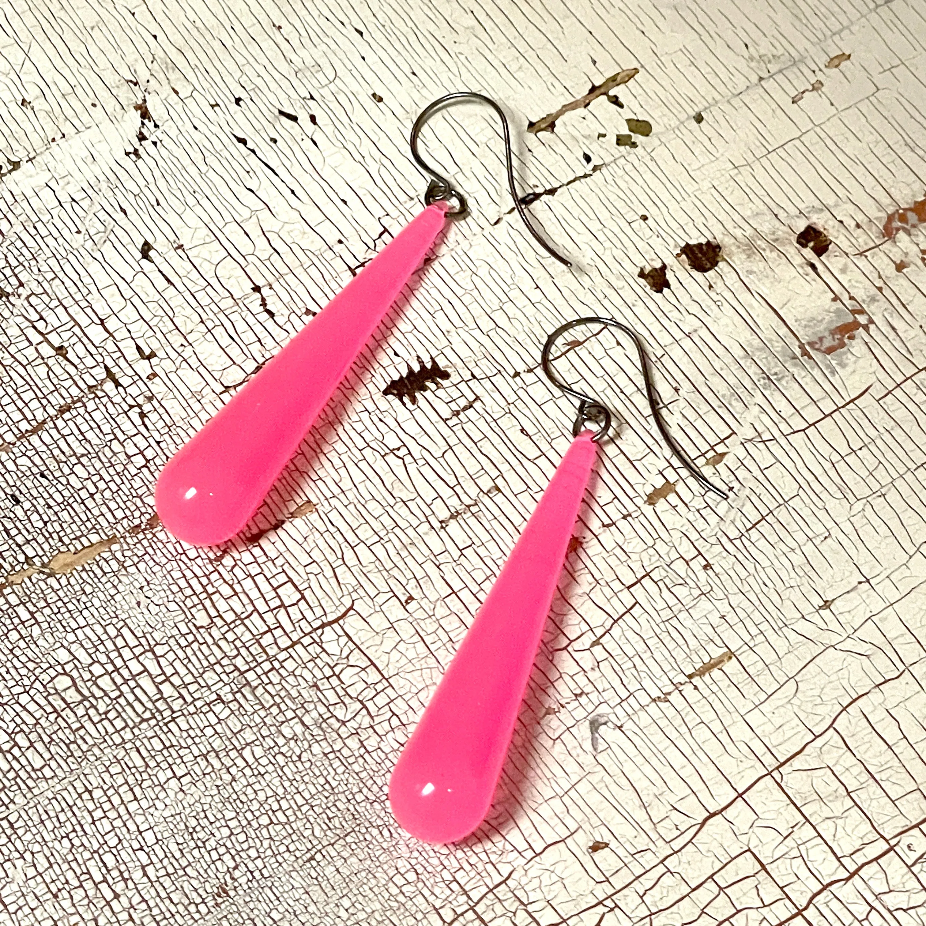 Neon Pink Opal Long Teardrop lucite statement earrings