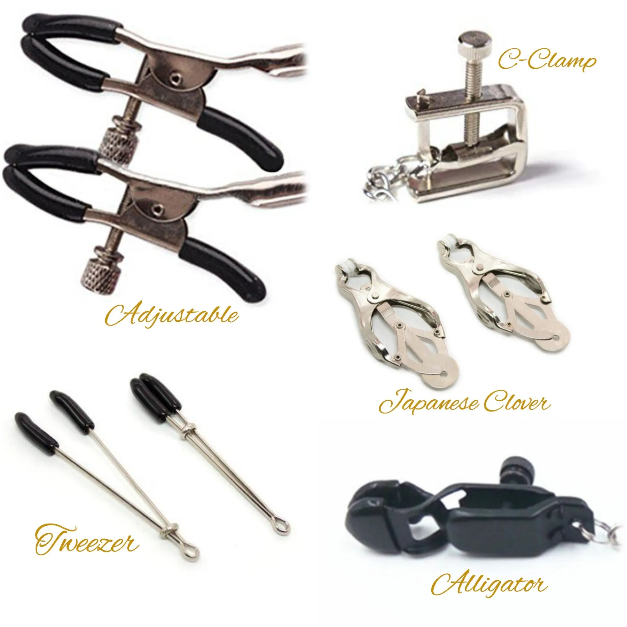 Non Piercing Intimate Jewelry Set for Couple. Nipple Chain on Nooses or Clamps, Tweezer Clit Clamp, and Penis Chain Noose with Heart