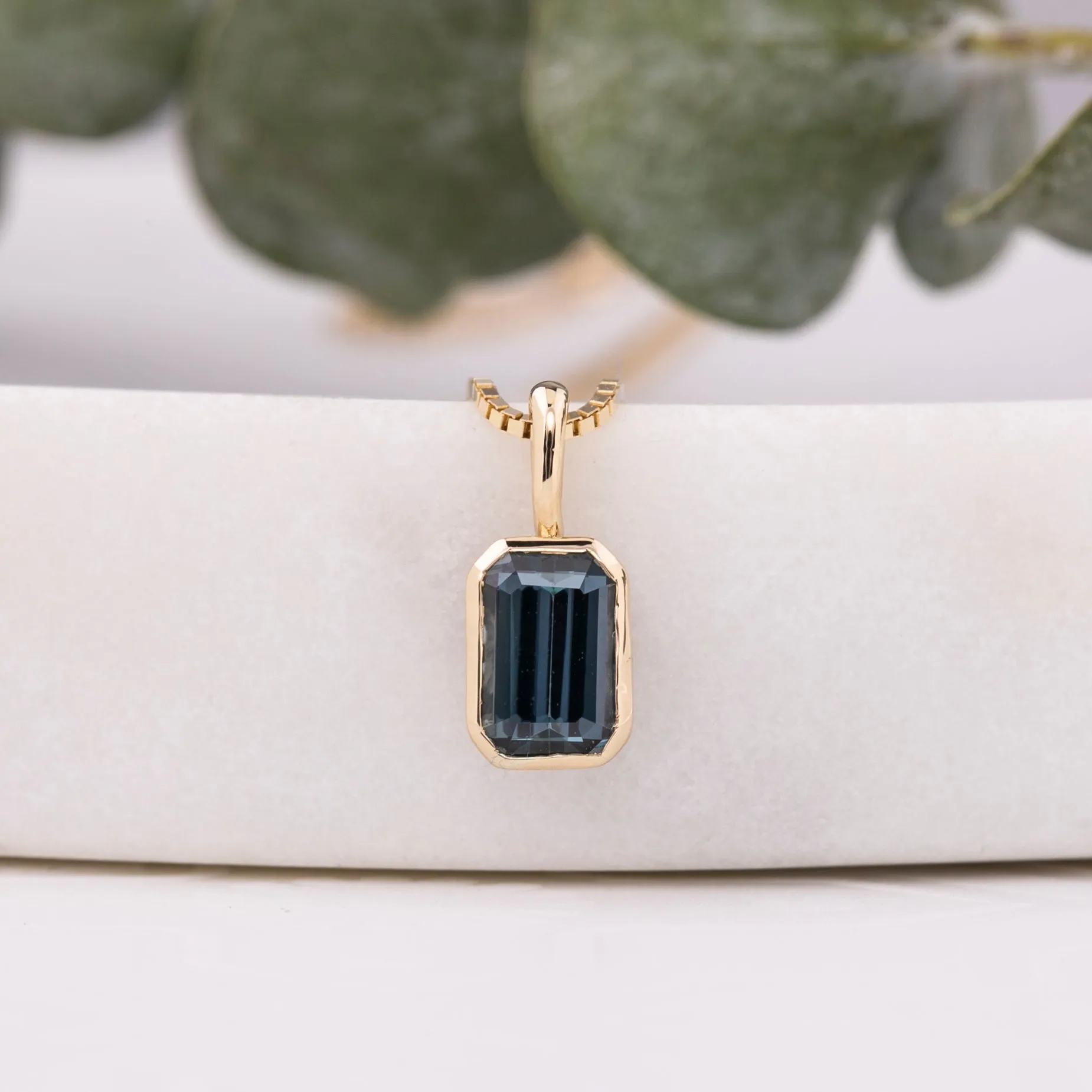 Patia Necklace Dark Teal Blue Montana Sapphire, 14K Yellow Gold (One of a kind)