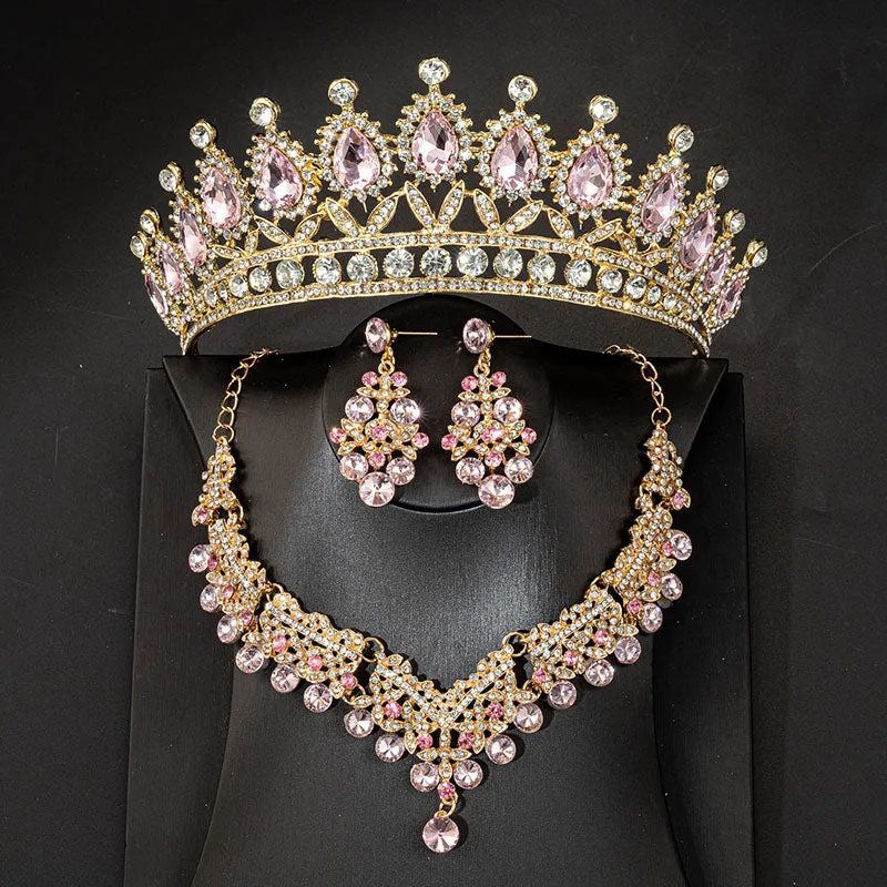 Pink Purple Crystal Jewelry Sets Princess Tiara Crown Earring Necklace  Accessories