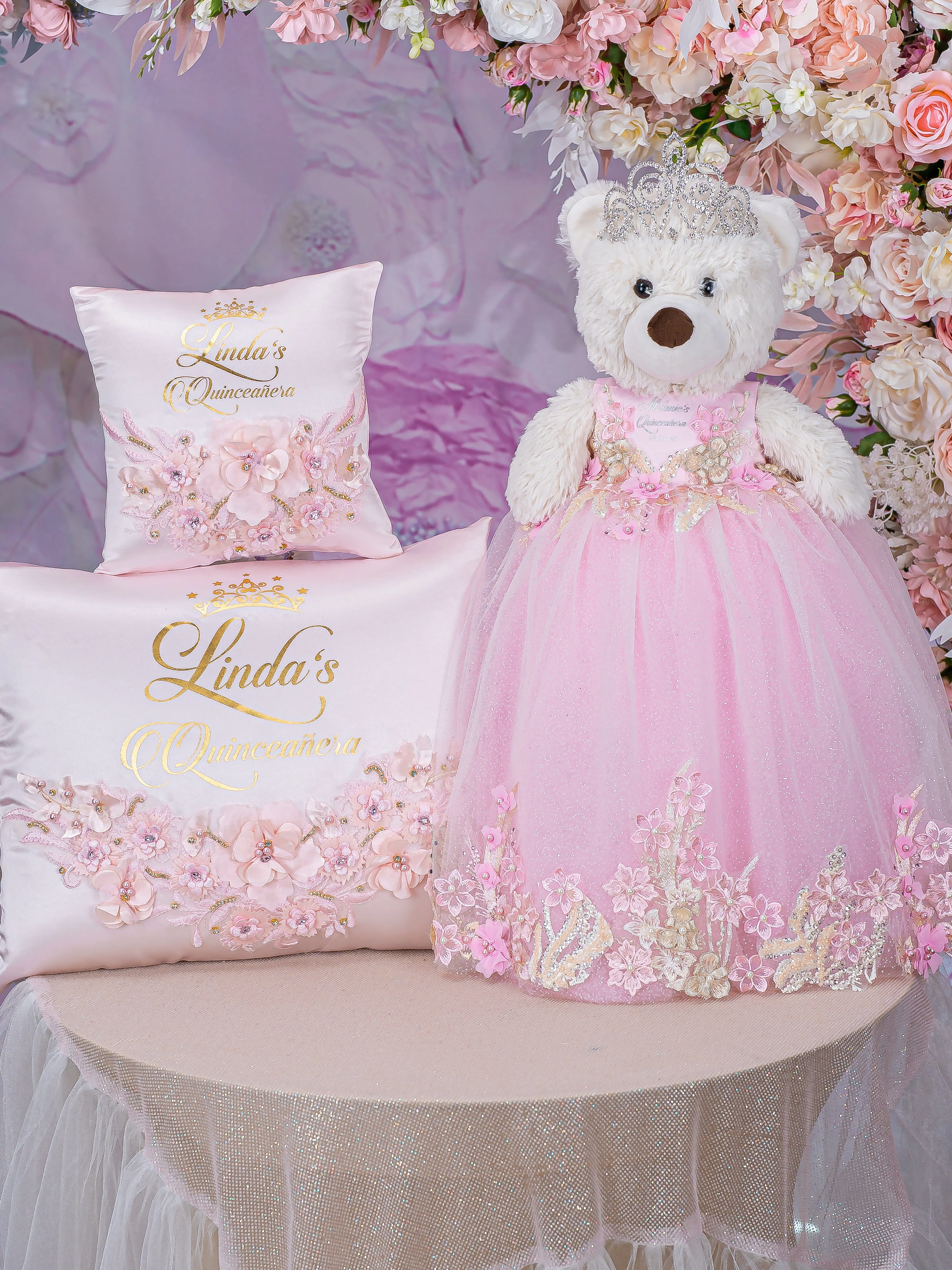 Pink with Gold Quinceanera pillows set and teddy bear