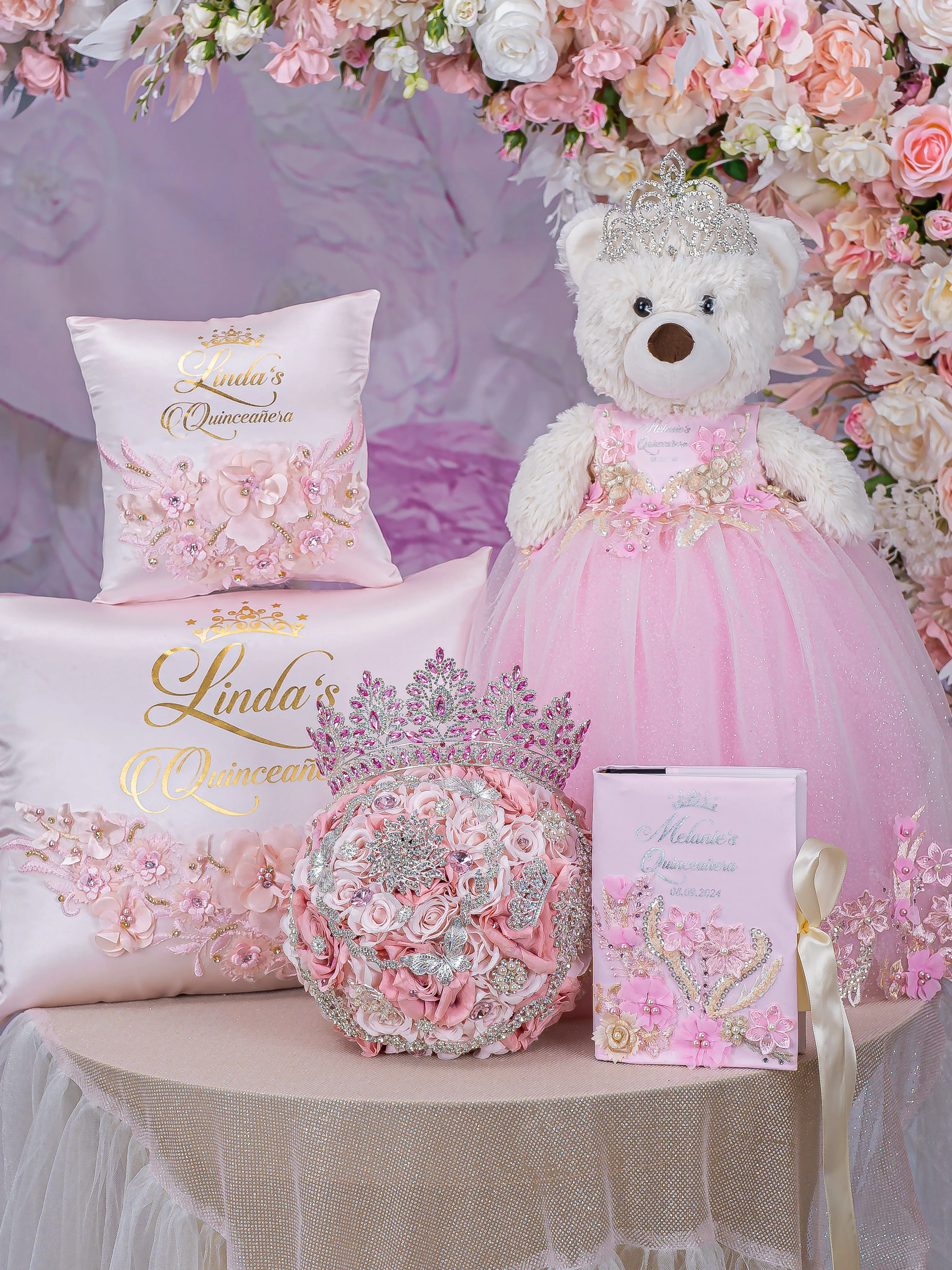 Pink with Gold Quinceanera pillows set and teddy bear