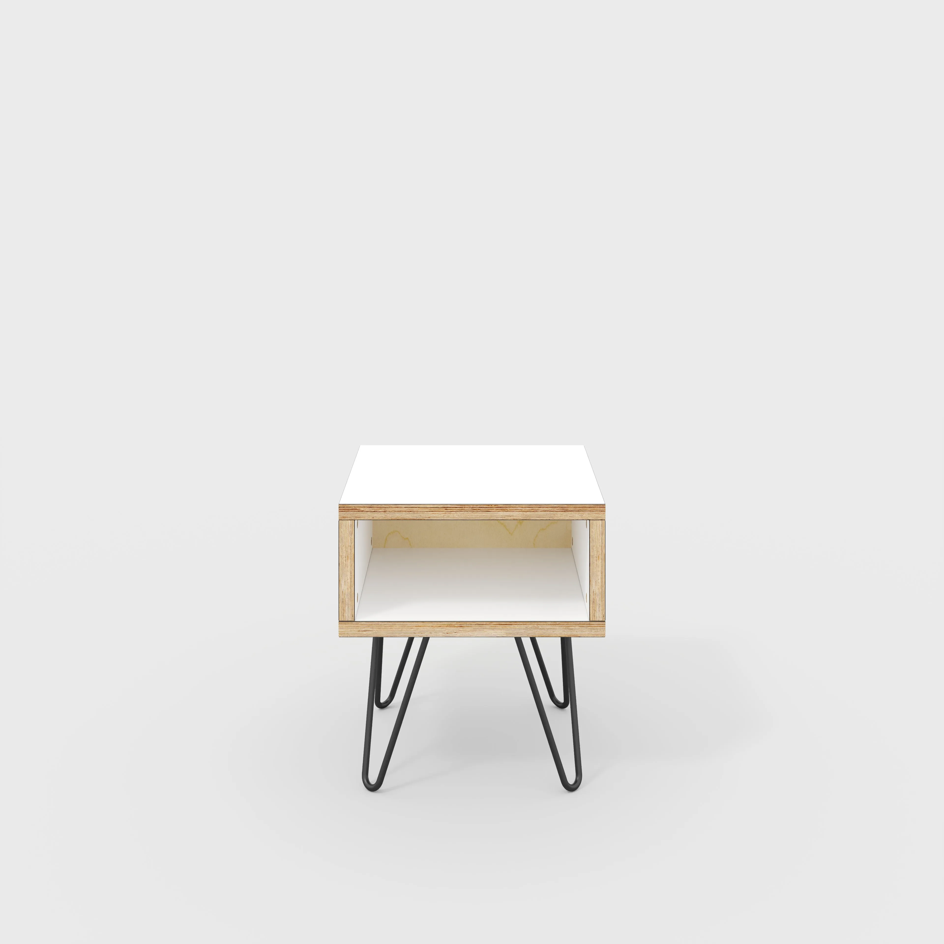 Plywood Bedside Table with Box Storage and Black Hairpin Legs - Formica White - 400(w) x 400(d) x 450(h)