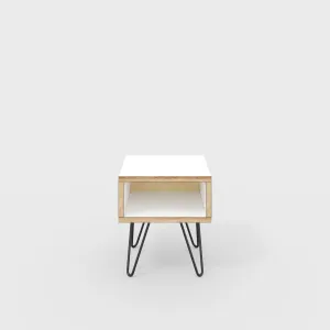 Plywood Bedside Table with Box Storage and Black Hairpin Legs - Formica White - 400(w) x 400(d) x 450(h)