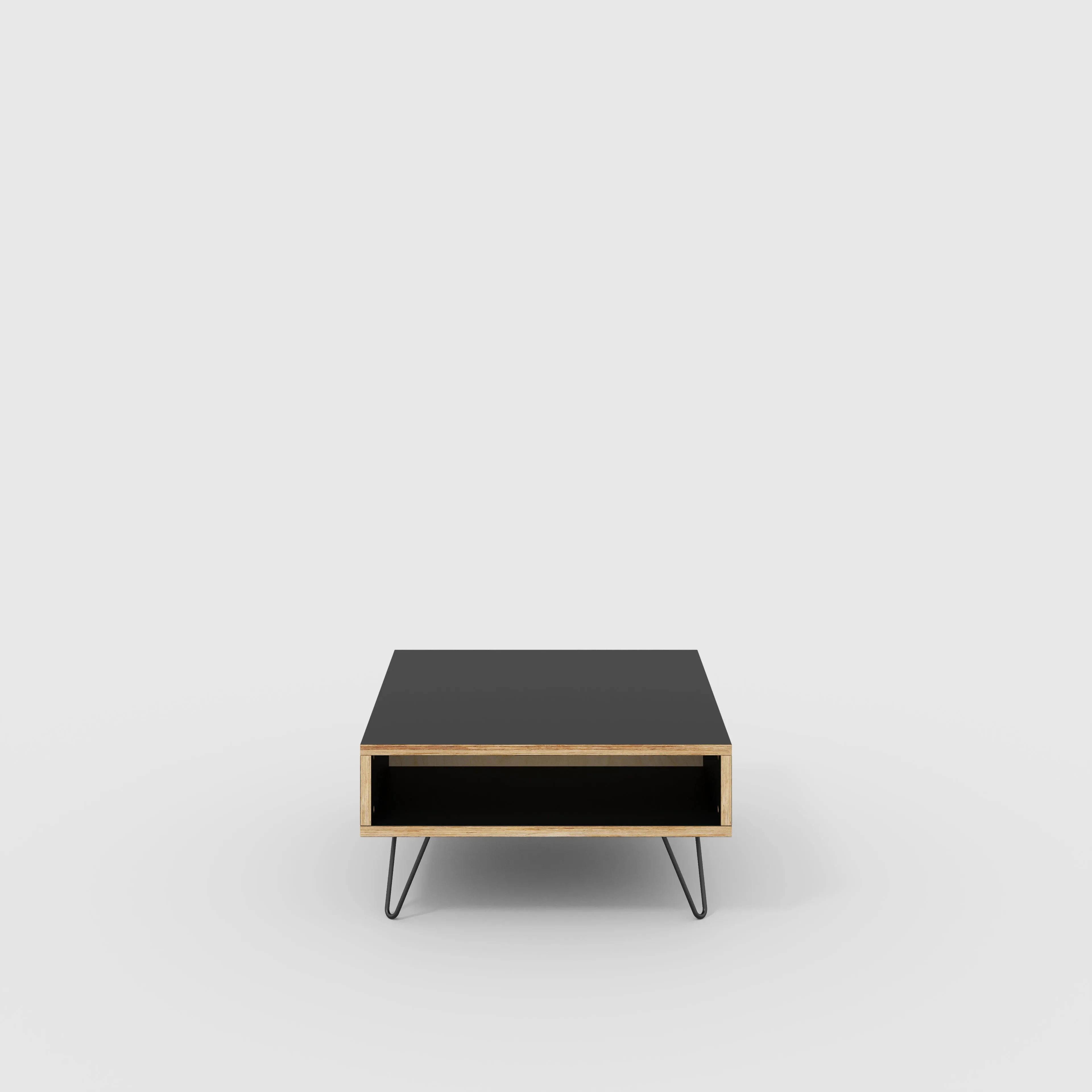 Plywood Coffee Table with Box Storage and Black Hairpin Legs - Formica Diamond Black - 800(w) x 800(d) x 400(h)