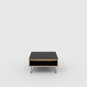 Plywood Coffee Table with Box Storage and Black Hairpin Legs - Formica Diamond Black - 800(w) x 800(d) x 400(h)