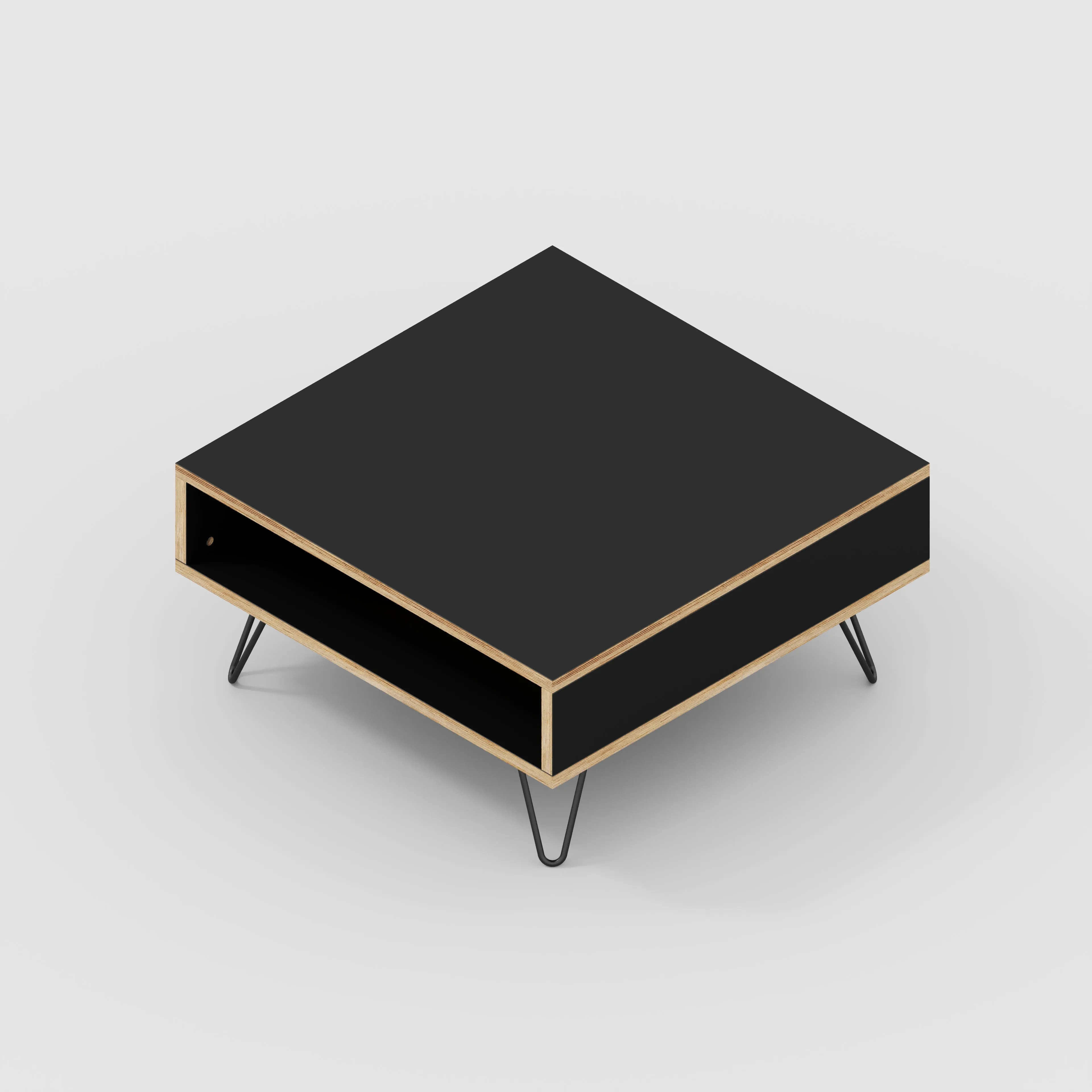 Plywood Coffee Table with Box Storage and Black Hairpin Legs - Formica Diamond Black - 800(w) x 800(d) x 400(h)