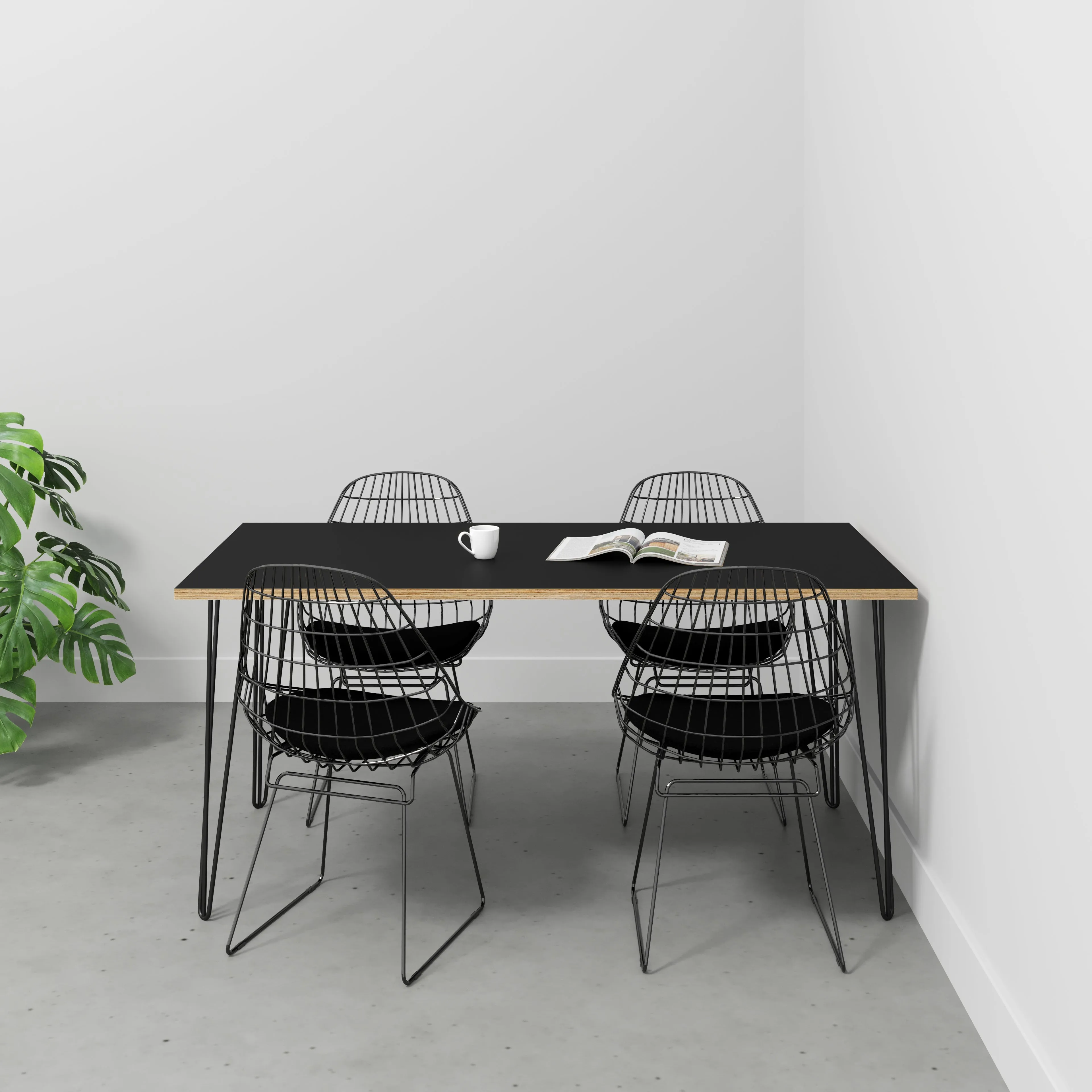 Plywood Table with Black Hairpin Legs - Formica Diamond Black - 1600(w) x 800(d)