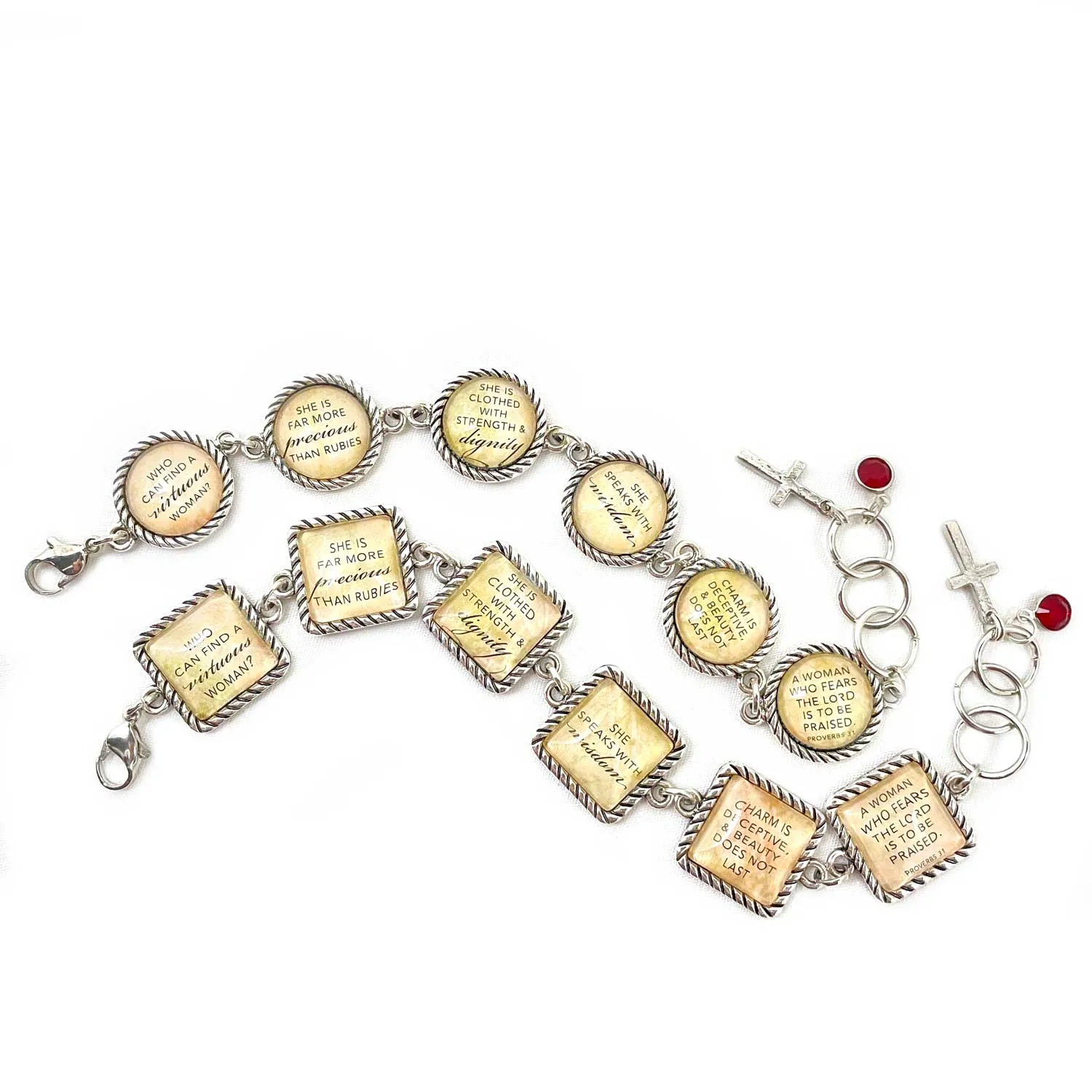 Proverbs 31 Scripture Bracelet – Square Antique Silver Twist Edge Design with Swarovski Ruby-Red Rhinestone