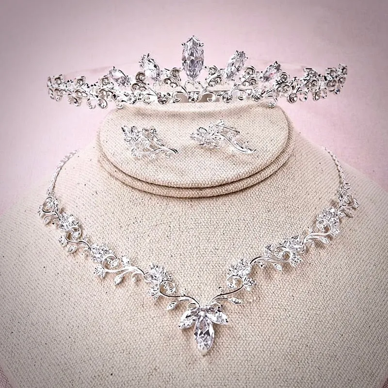 "Candice" - Silver Cubic Zirconia Bridal 3-Piece Jewelry Set With Tiara