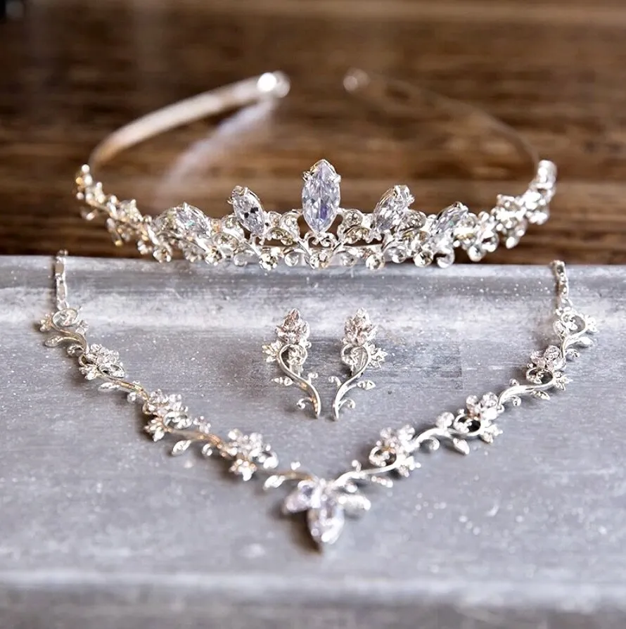 "Candice" - Silver Cubic Zirconia Bridal 3-Piece Jewelry Set With Tiara