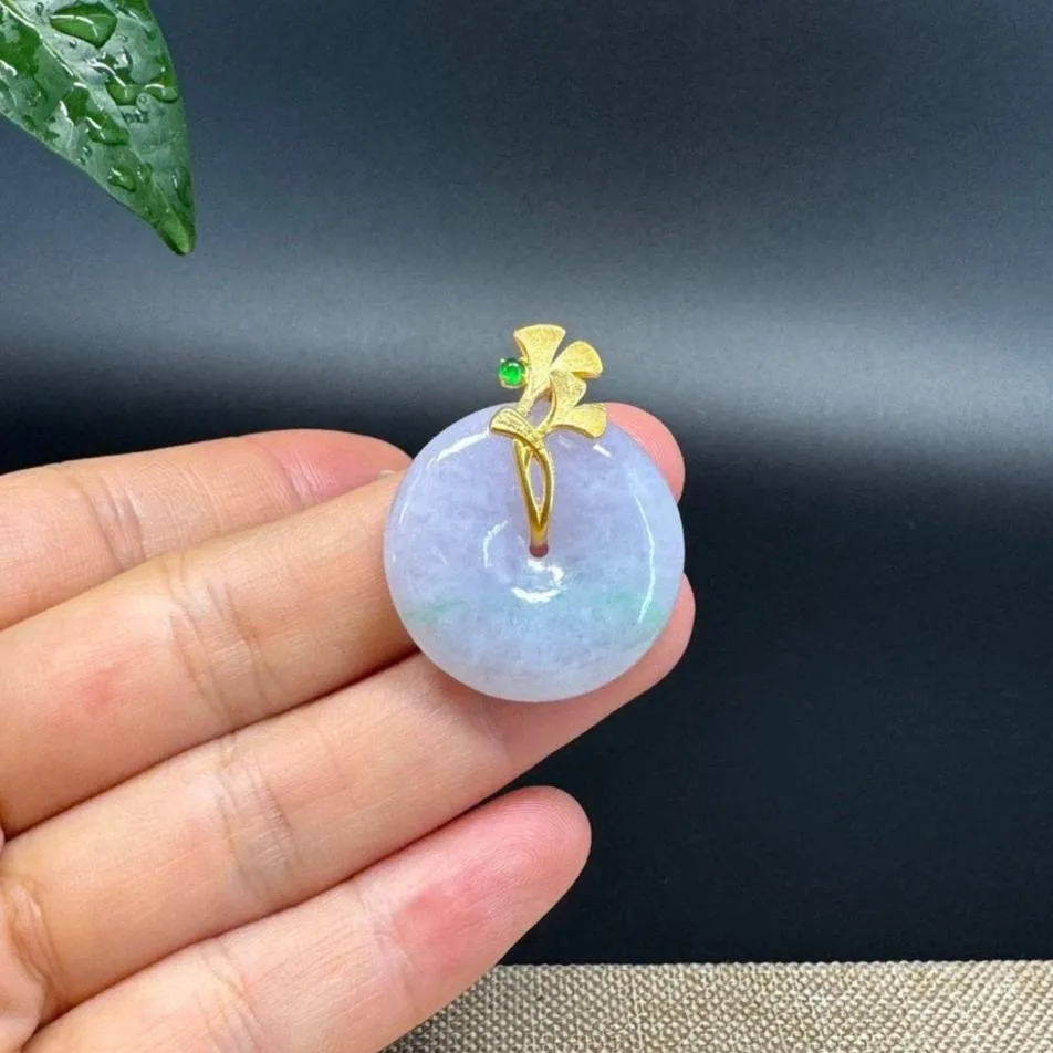 "Good Luck Button" Lavender Jadeite Jade Lucky KouKou Pendant With 18K Yellow Gold Bail