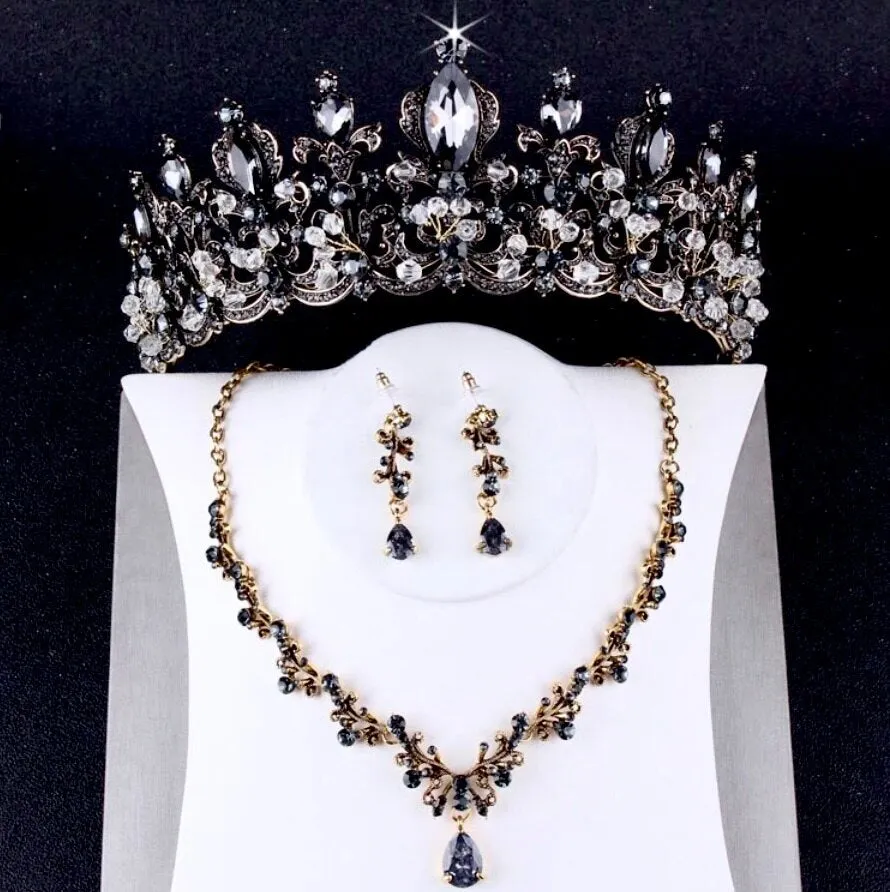 "Gwyneth" - Victorian Gothic Black Bridal 3-Piece Jewelry Set With Tiara