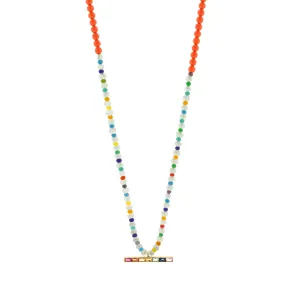 Rainbow Sapphire Baguette ID Bar on Beaded Necklace