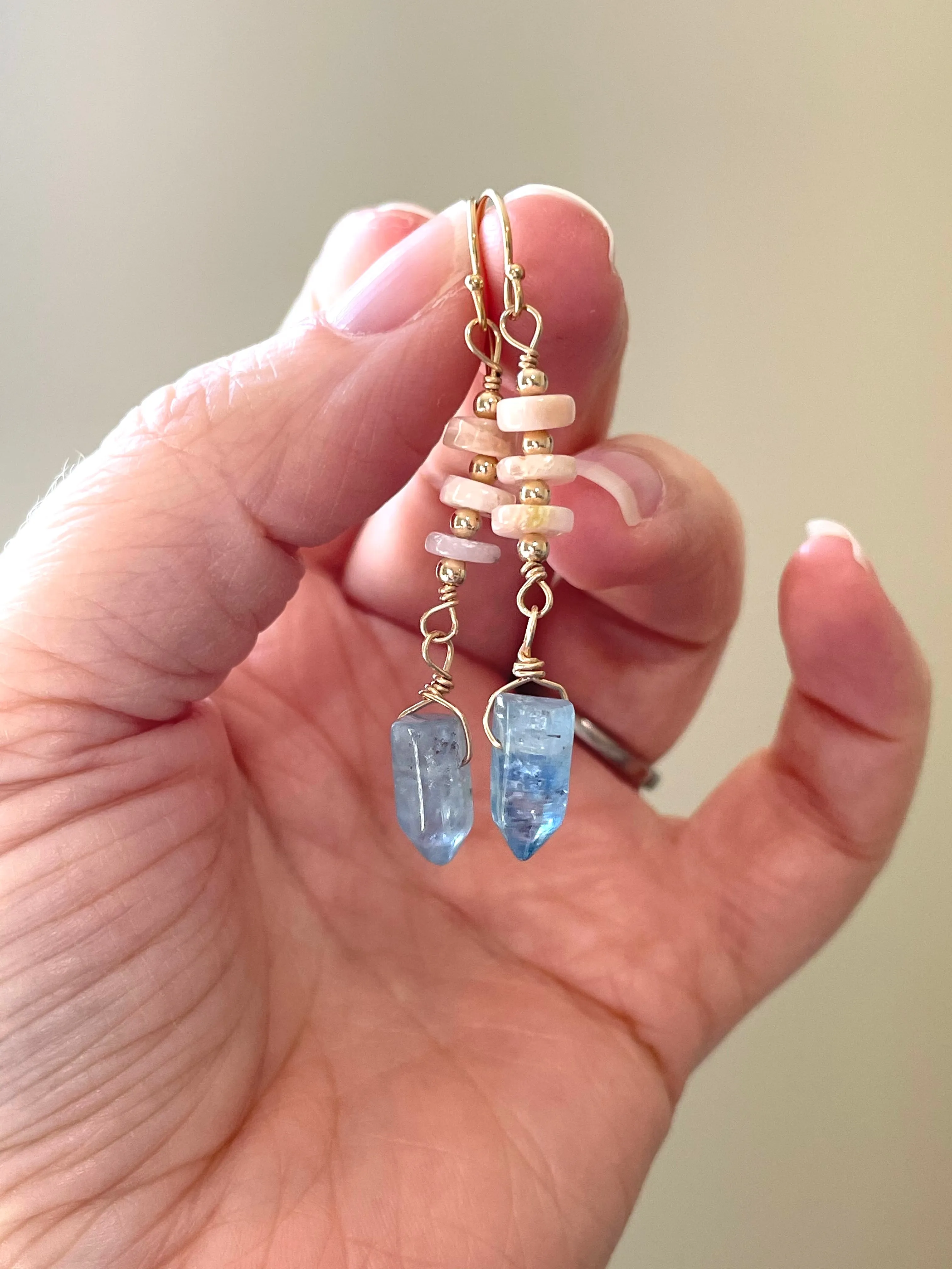 Raw Crystal Earrings - Pink Opal and Blue Kyanite Points  Gold Filled