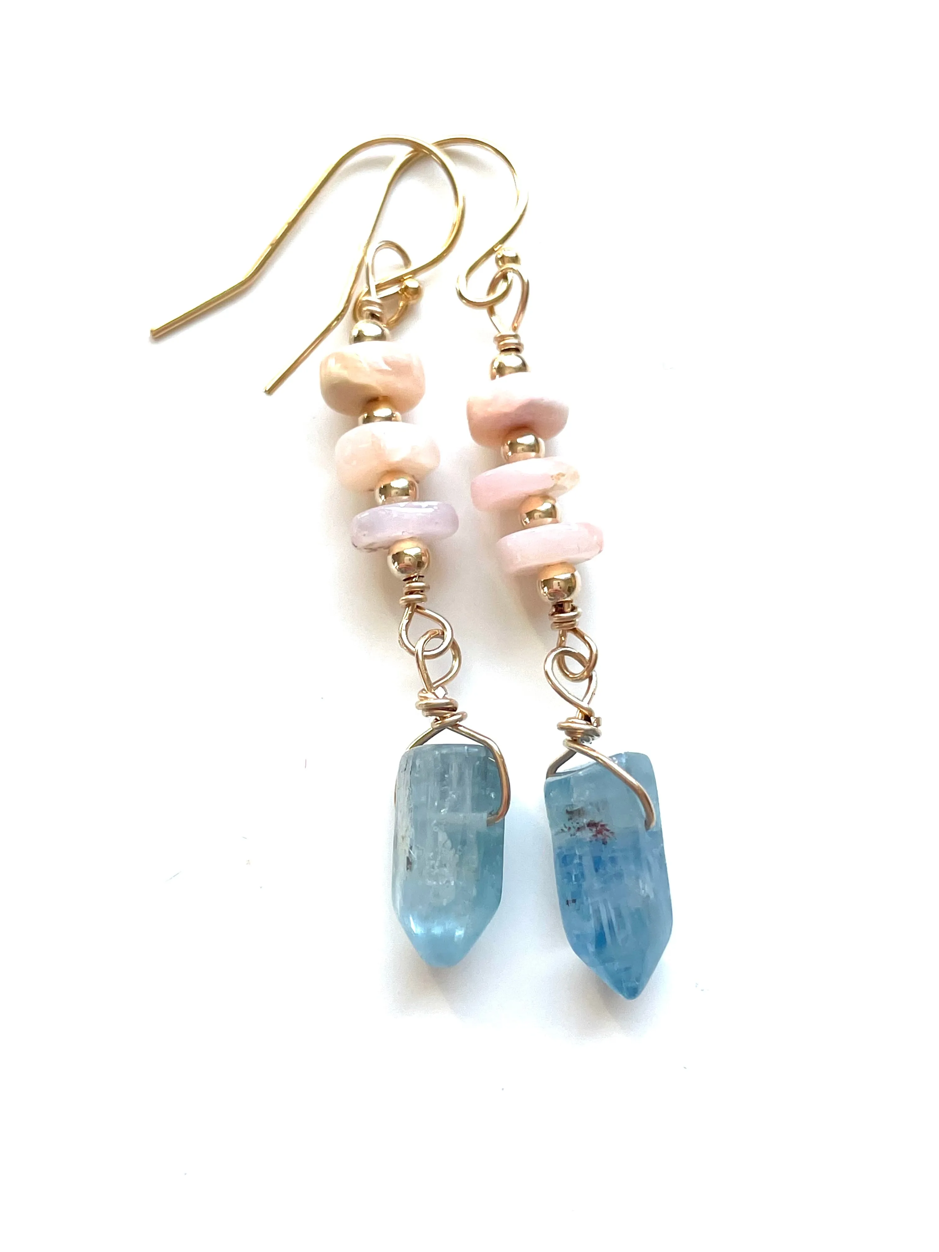 Raw Crystal Earrings - Pink Opal and Blue Kyanite Points  Gold Filled