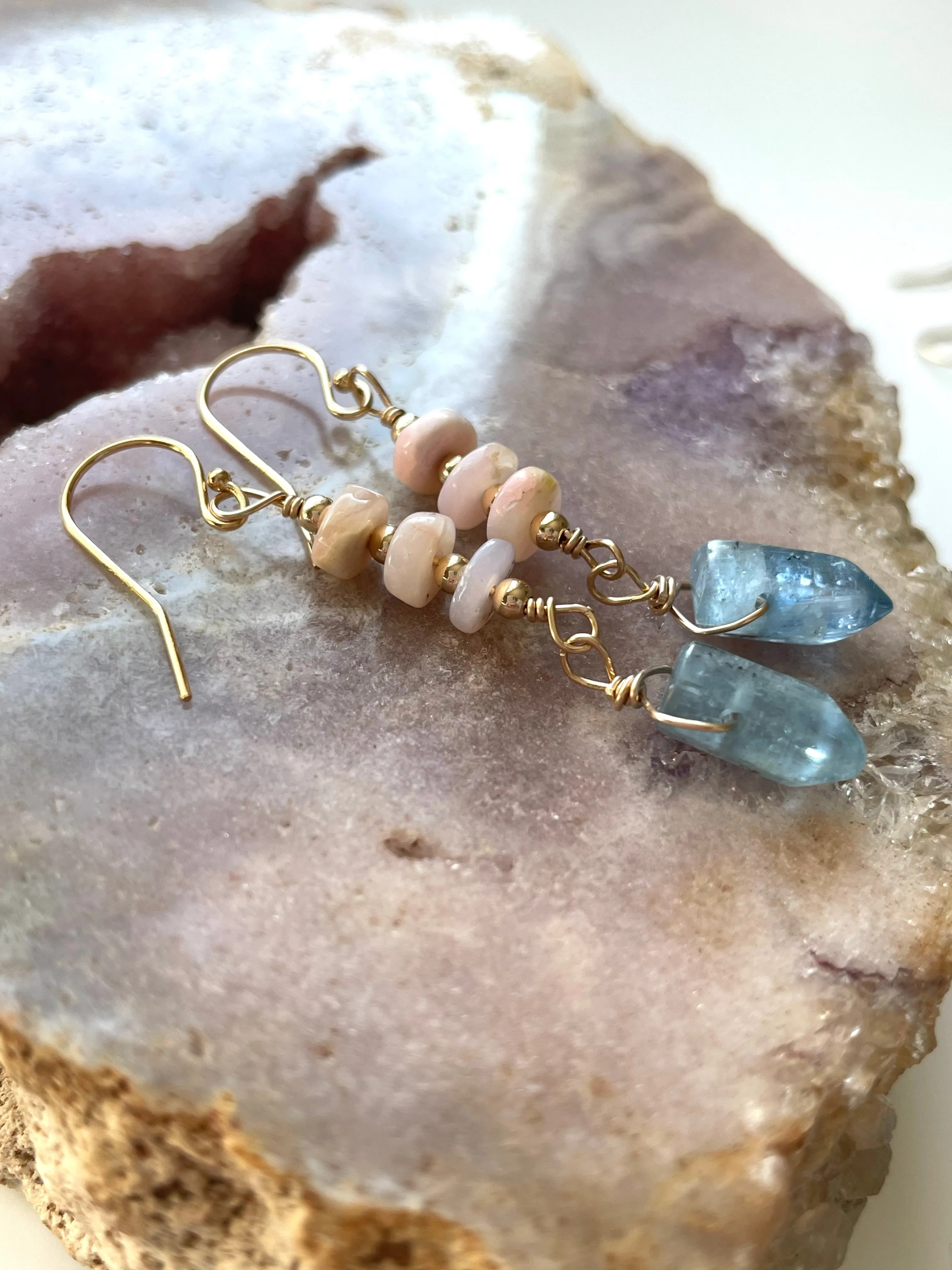 Raw Crystal Earrings - Pink Opal and Blue Kyanite Points  Gold Filled