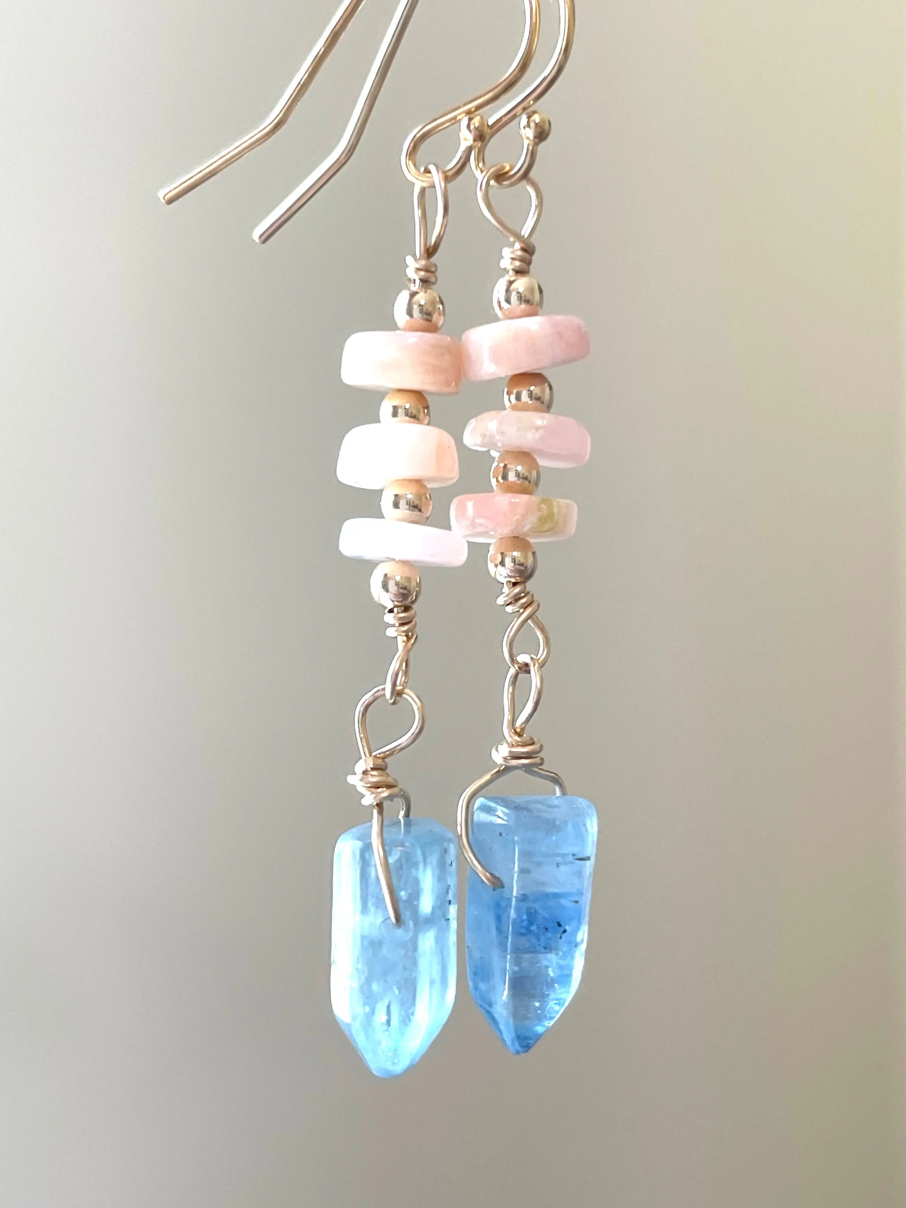 Raw Crystal Earrings - Pink Opal and Blue Kyanite Points  Gold Filled