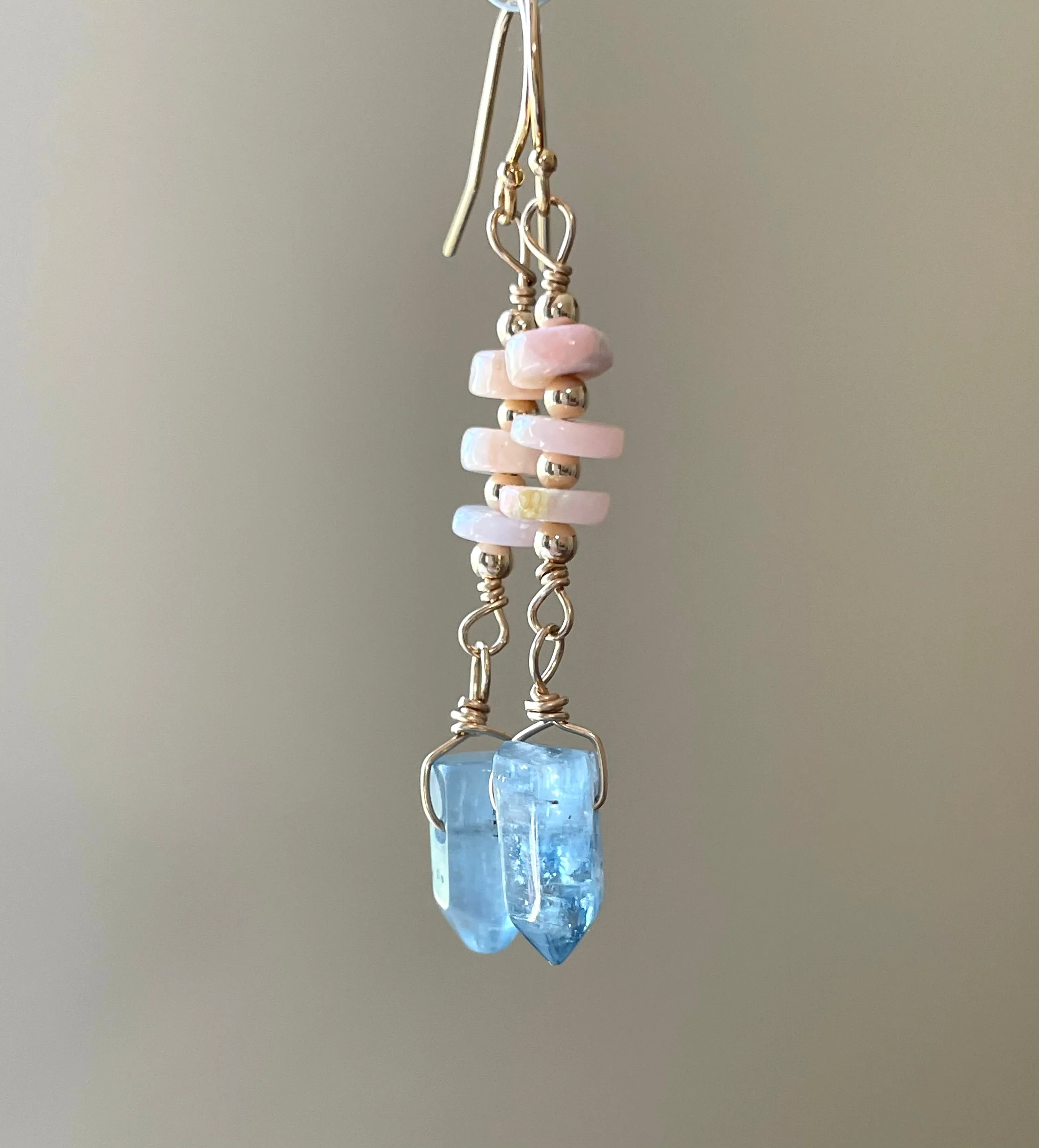 Raw Crystal Earrings - Pink Opal and Blue Kyanite Points  Gold Filled