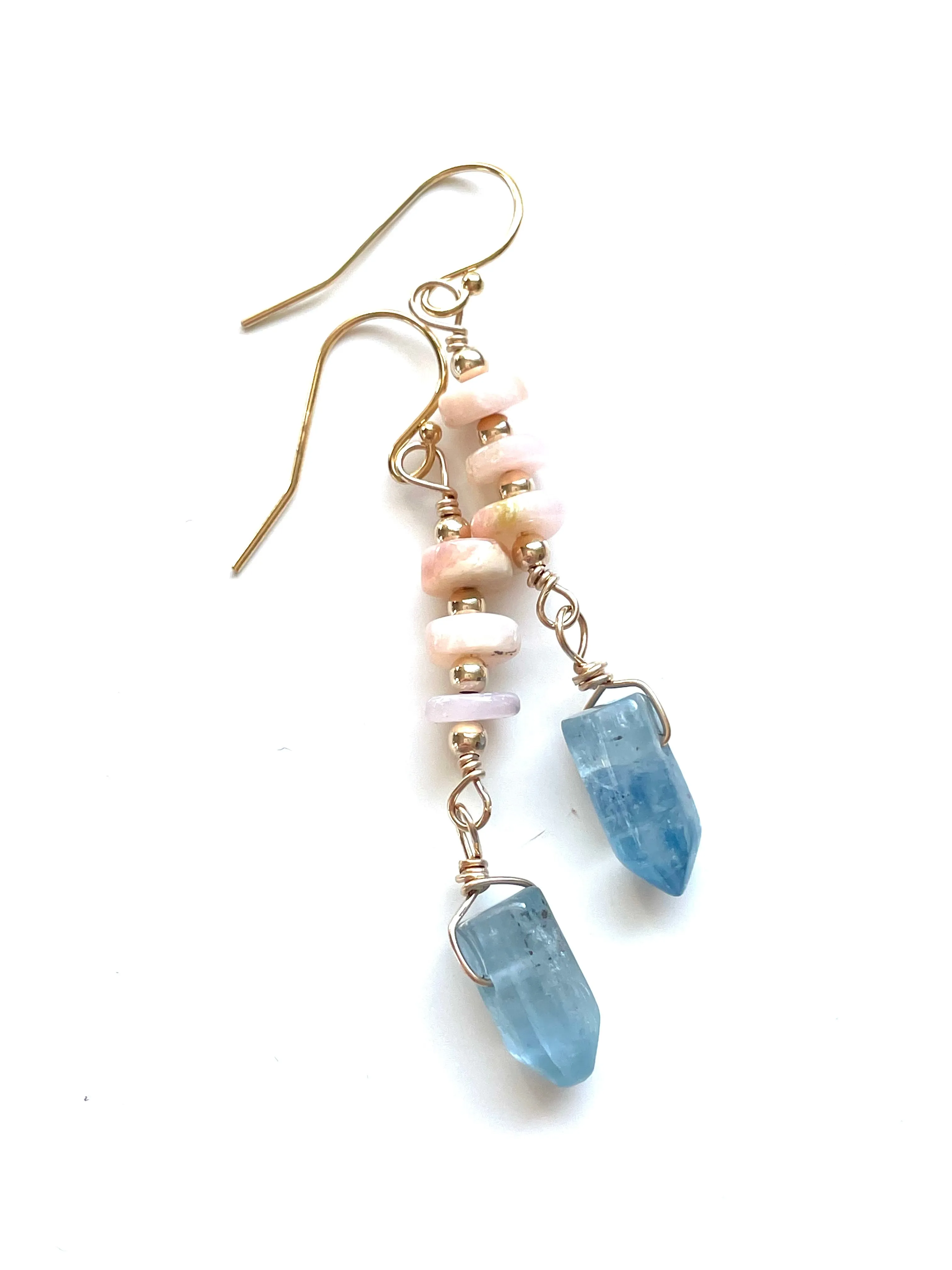 Raw Crystal Earrings - Pink Opal and Blue Kyanite Points  Gold Filled