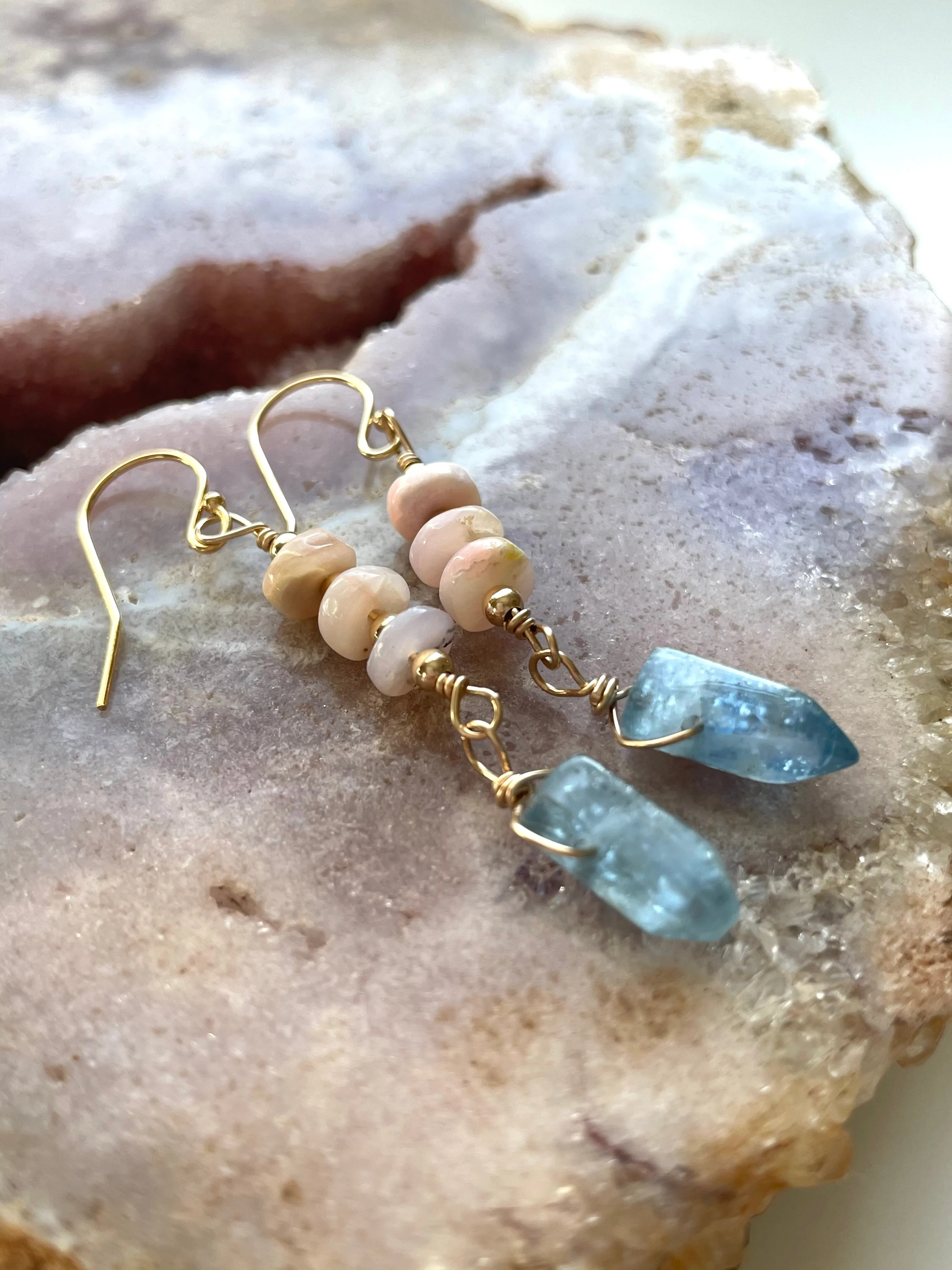 Raw Crystal Earrings - Pink Opal and Blue Kyanite Points  Gold Filled