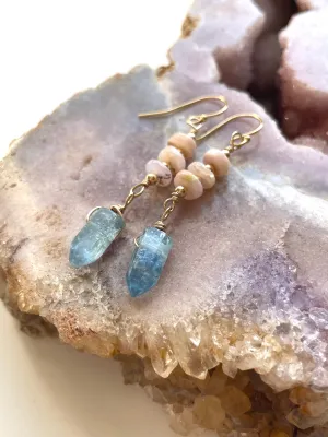 Raw Crystal Earrings - Pink Opal and Blue Kyanite Points  Gold Filled