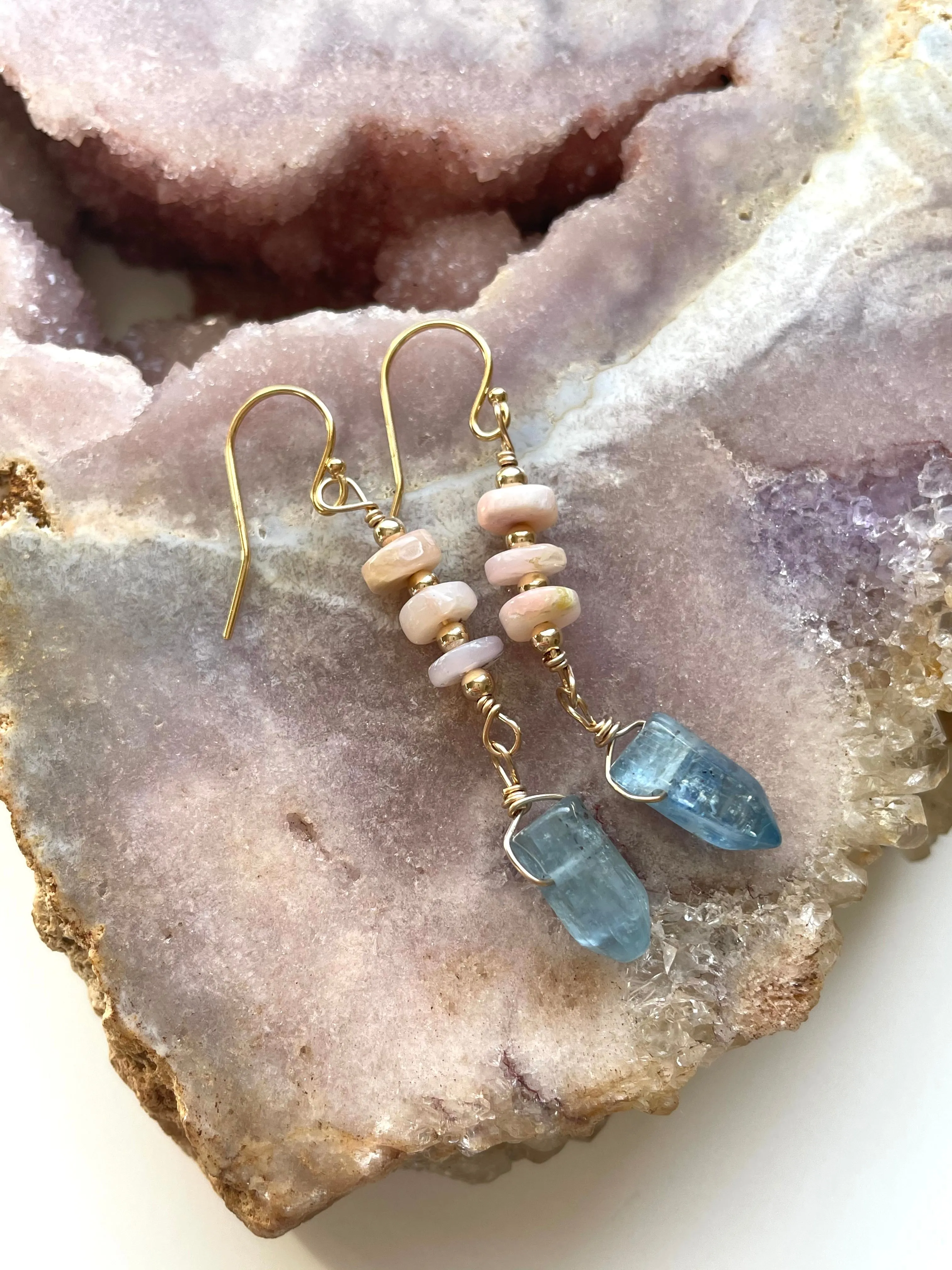 Raw Crystal Earrings - Pink Opal and Blue Kyanite Points  Gold Filled