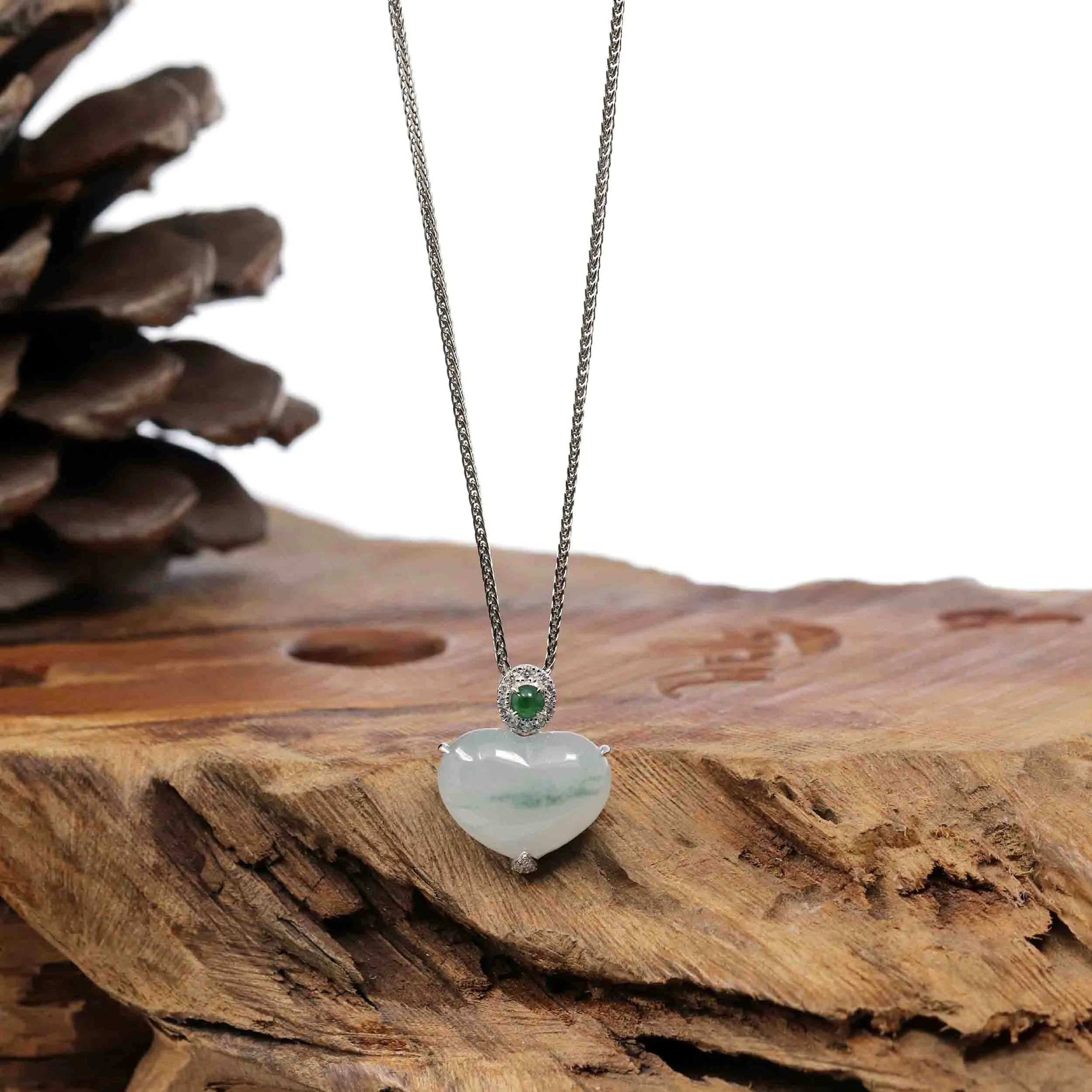 RealJade Co.® 14K Gold Genuine Burmese Jadeite Jade Heart Pendant with Diamonds