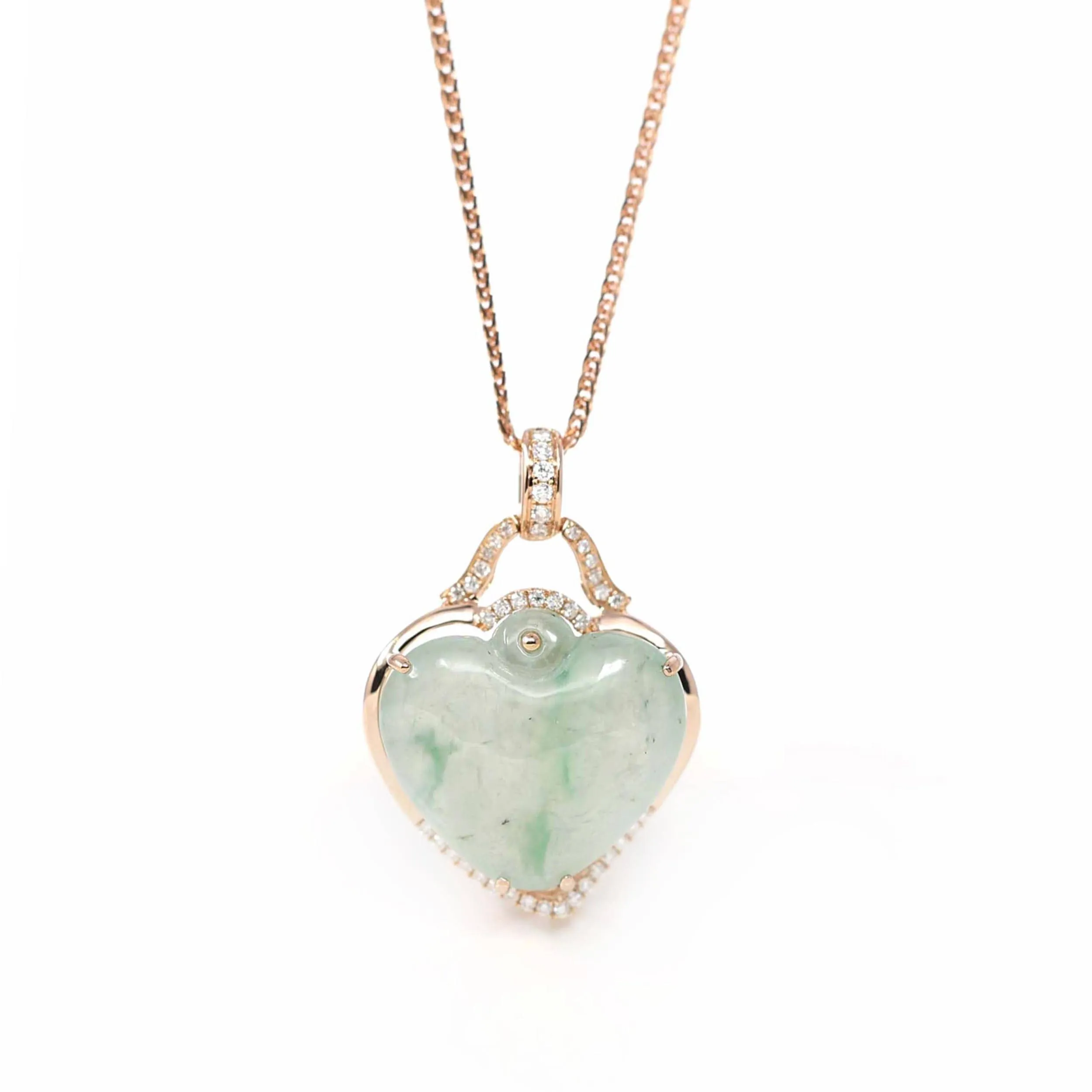 RealJade® Co. 18K Rose Gold Genuine Burmese Ice Jadeite Heart Pendant with Diamonds High Jewelry