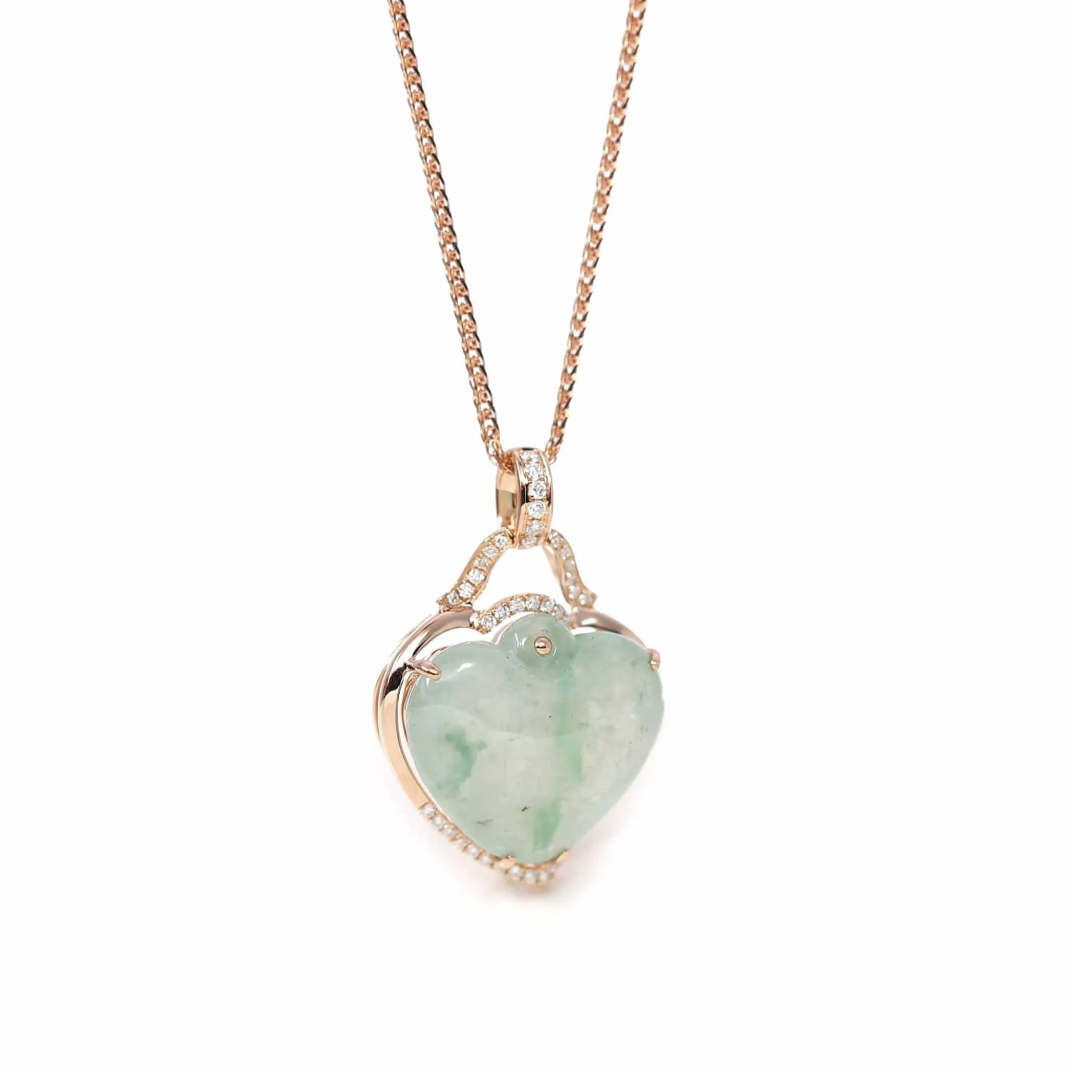 RealJade® Co. 18K Rose Gold Genuine Burmese Ice Jadeite Heart Pendant with Diamonds High Jewelry