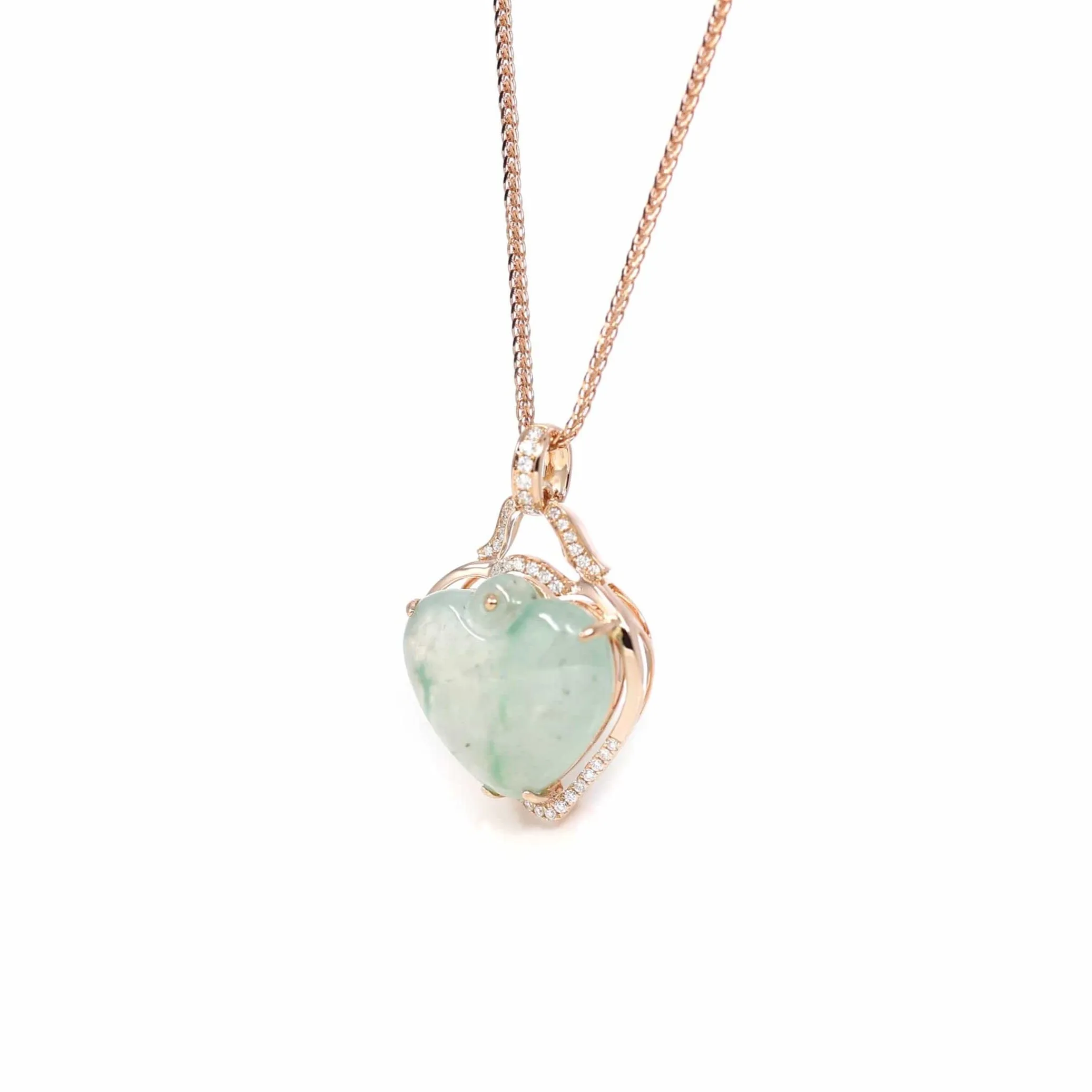 RealJade® Co. 18K Rose Gold Genuine Burmese Ice Jadeite Heart Pendant with Diamonds High Jewelry