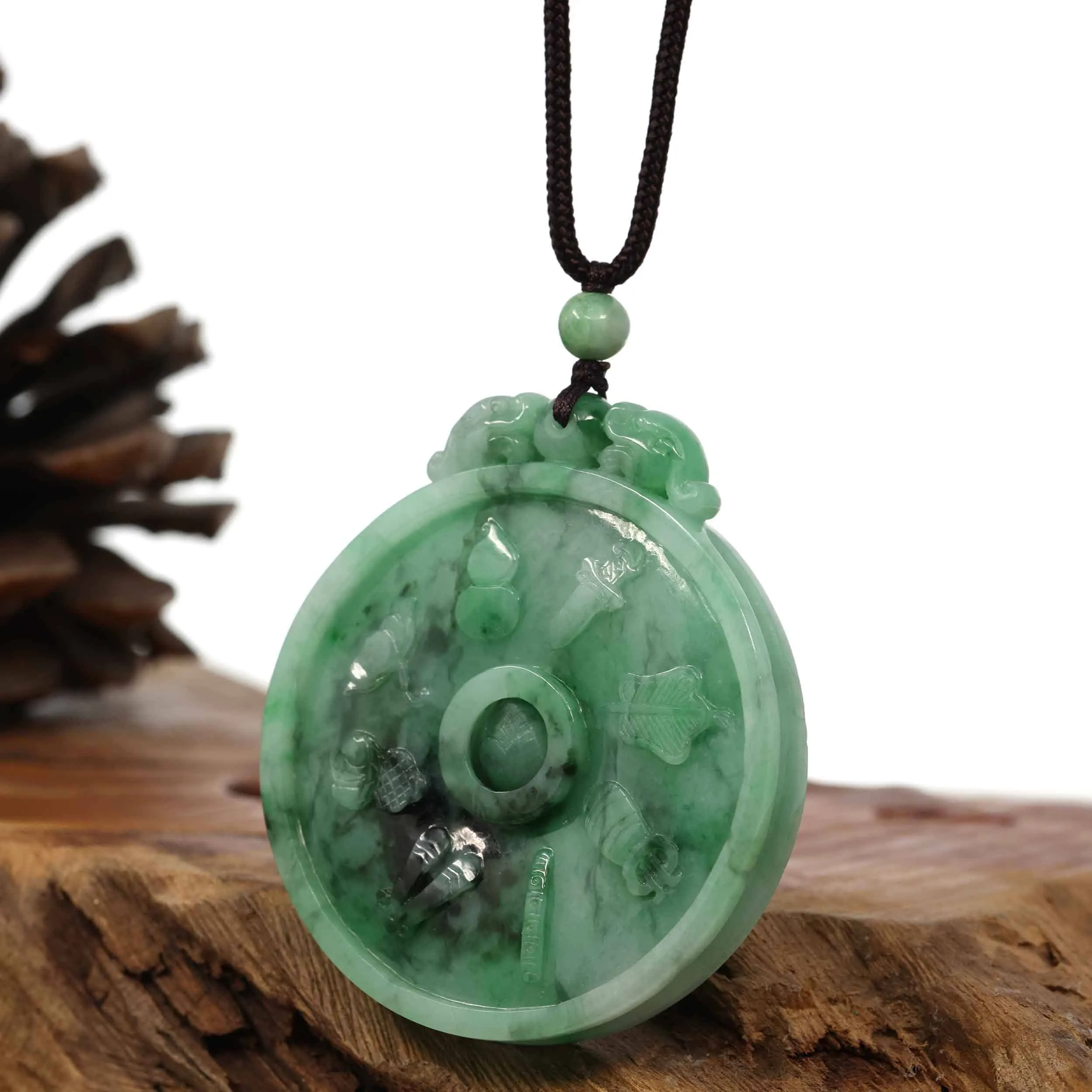 RealJade® Co. Genuine Green Jadeite Jade 8 Magic Weapon and 12 Chinese Zodiac Pendant Necklace