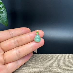 RealJade® Co. Genuine Ice Green Jadeite Jade Good Luck Hulu Bottle Gourd Necklace With 18K Yellow Gold Bail