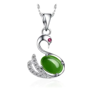 RealJade® "Love Swan" Sterling Silver Genuine Nephrite Jade Swan Pendant Necklace With Zircon