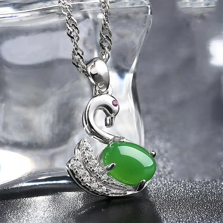 RealJade® "Love Swan" Sterling Silver Genuine Nephrite Jade Swan Pendant Necklace With Zircon