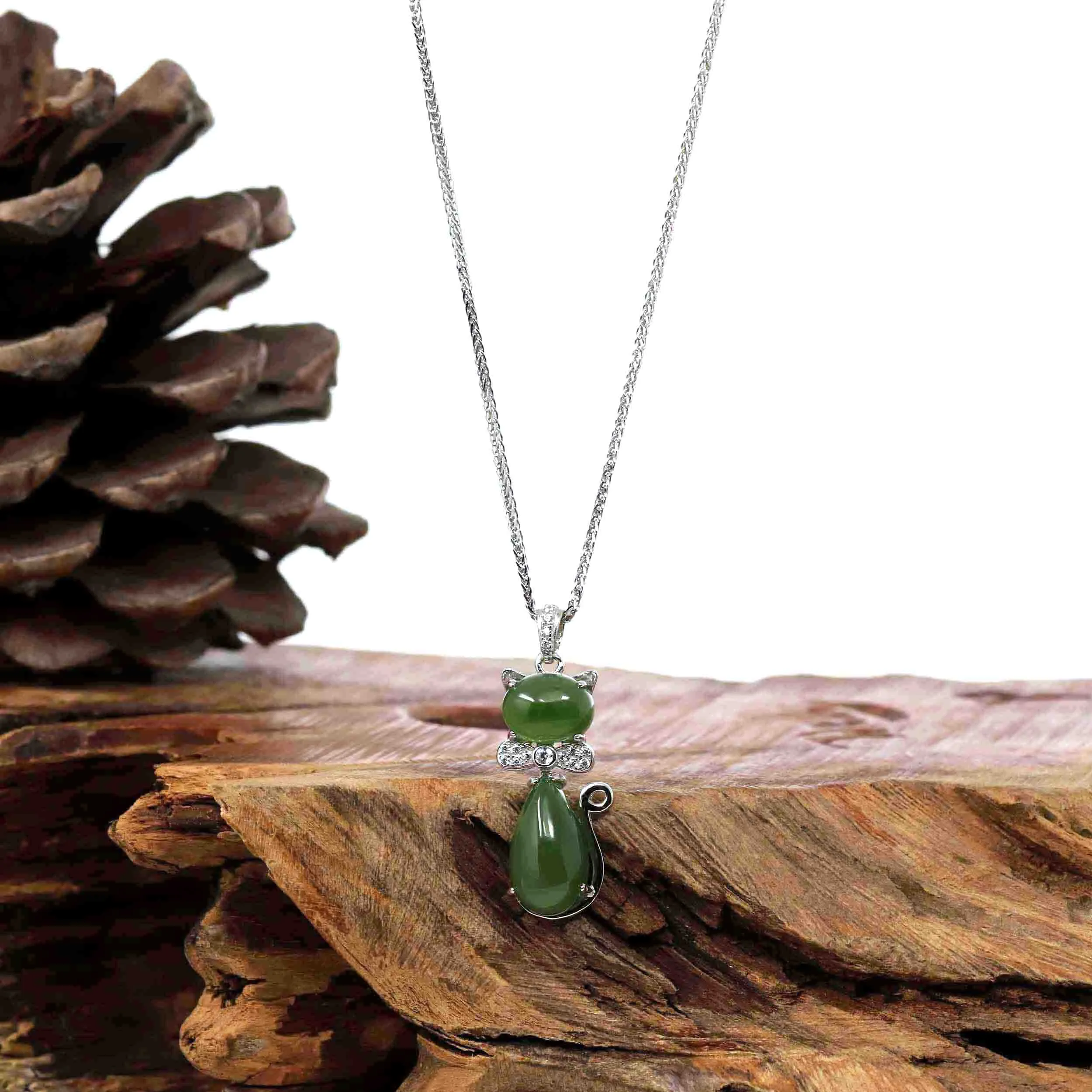 RealJade® "Lucky Kitten" Sterling Silver Genuine Nephrite Green Jade Cat Pendant Necklace