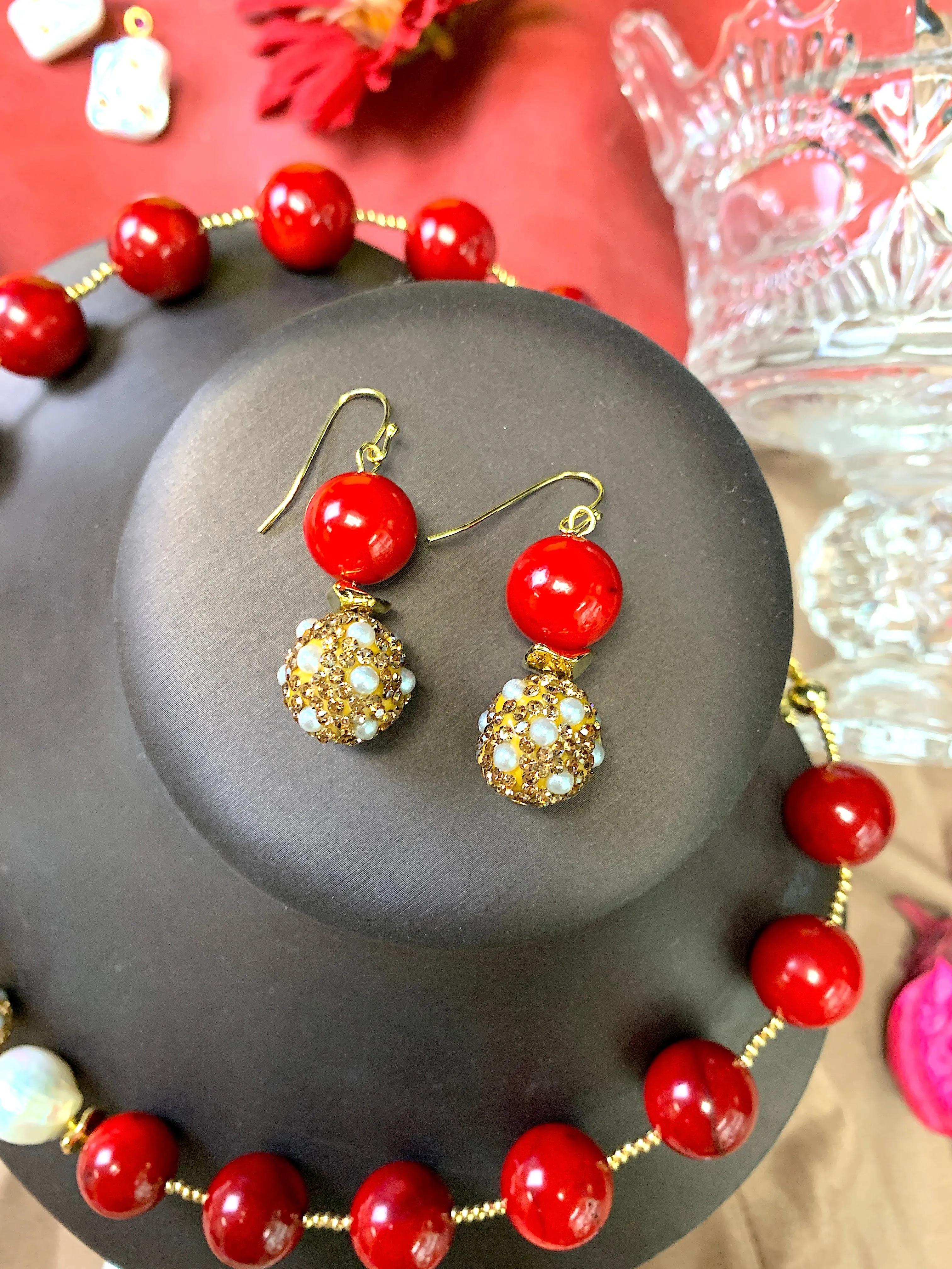 Red Coral With Rhinestones Bordered Pearls Earrings FE006