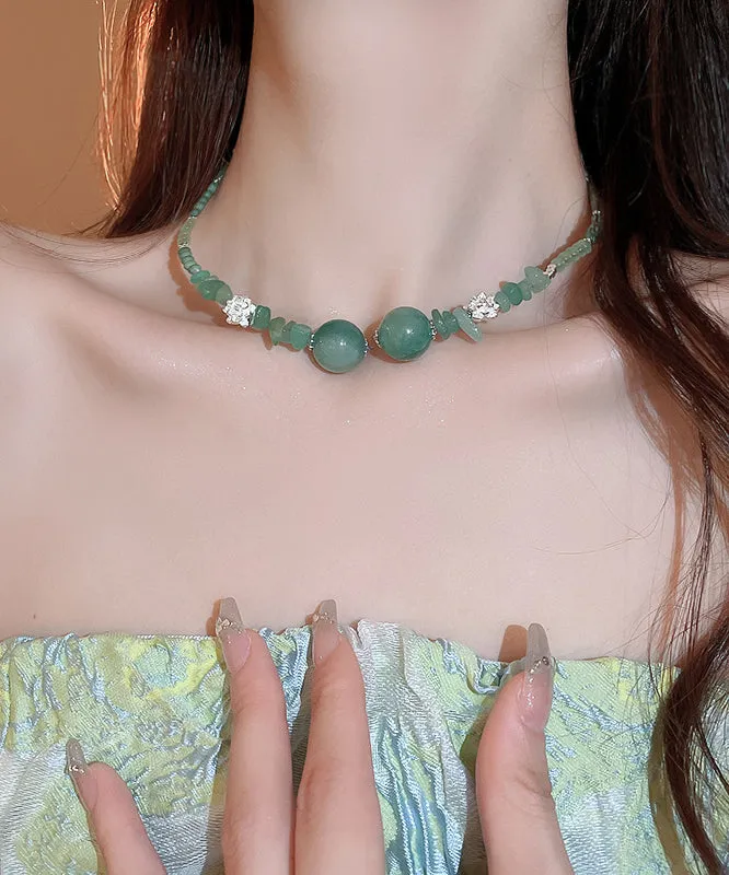 Retro Green Sterling Silver Overgild Jade Zircon Crystal Beading Gratuated Bead Necklace AB1092