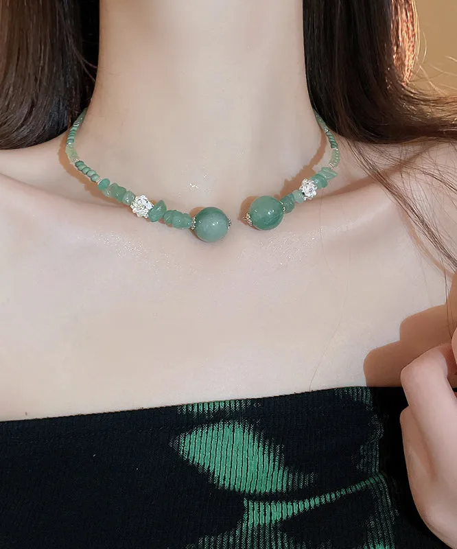 Retro Green Sterling Silver Overgild Jade Zircon Crystal Beading Gratuated Bead Necklace AB1092