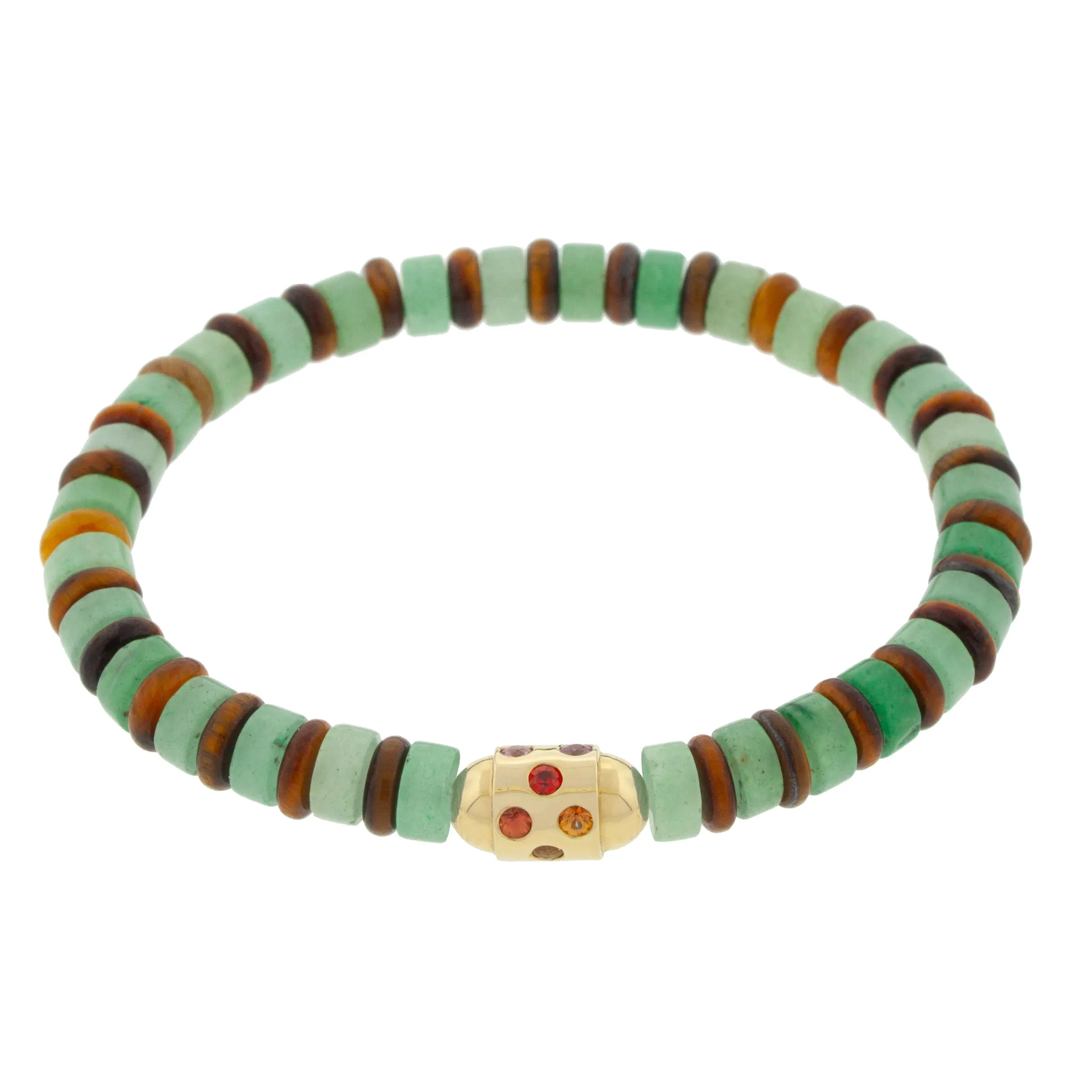 Round Bolt with Rainbow Sapphires on Tiger's Eye & Aventurine Bracelet