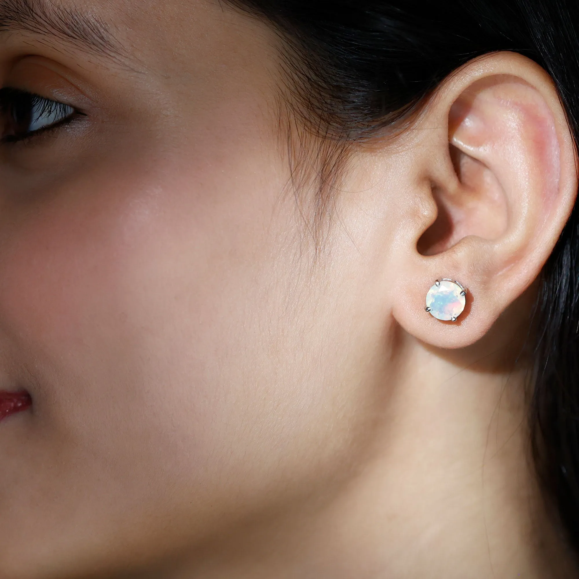 Round Cut Ethiopian Opal Solitaire Stud Earrings for Women