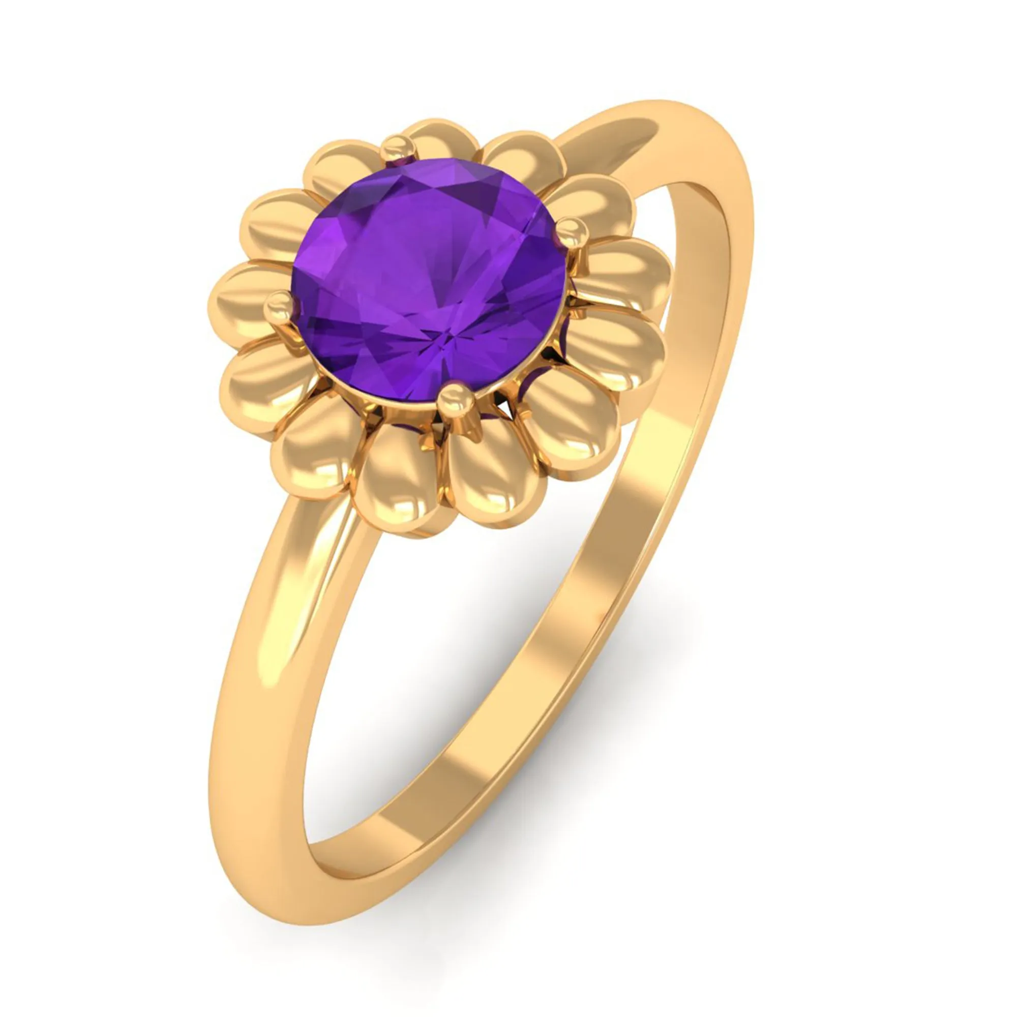 Round Cut Solitaire Amethyst Flower Ring